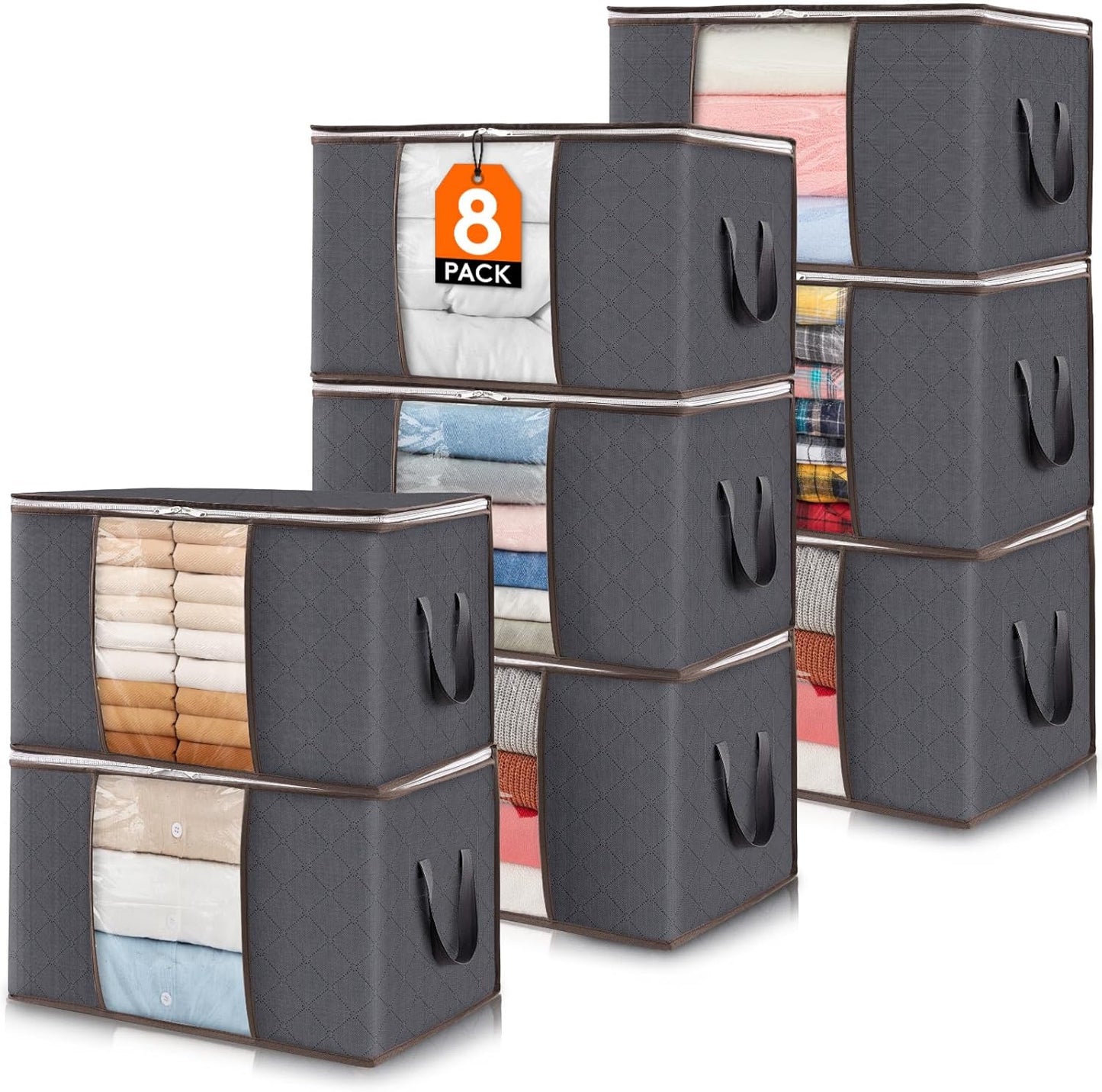 Lifewit Set of 3 Foldable Clothes Storage Bins with Lids, Zipper Closure, Clear Window, and Reinforced Handles for Organized Closet Storage of Clothing, Sweaters, Comforters, and Bedding in Gray