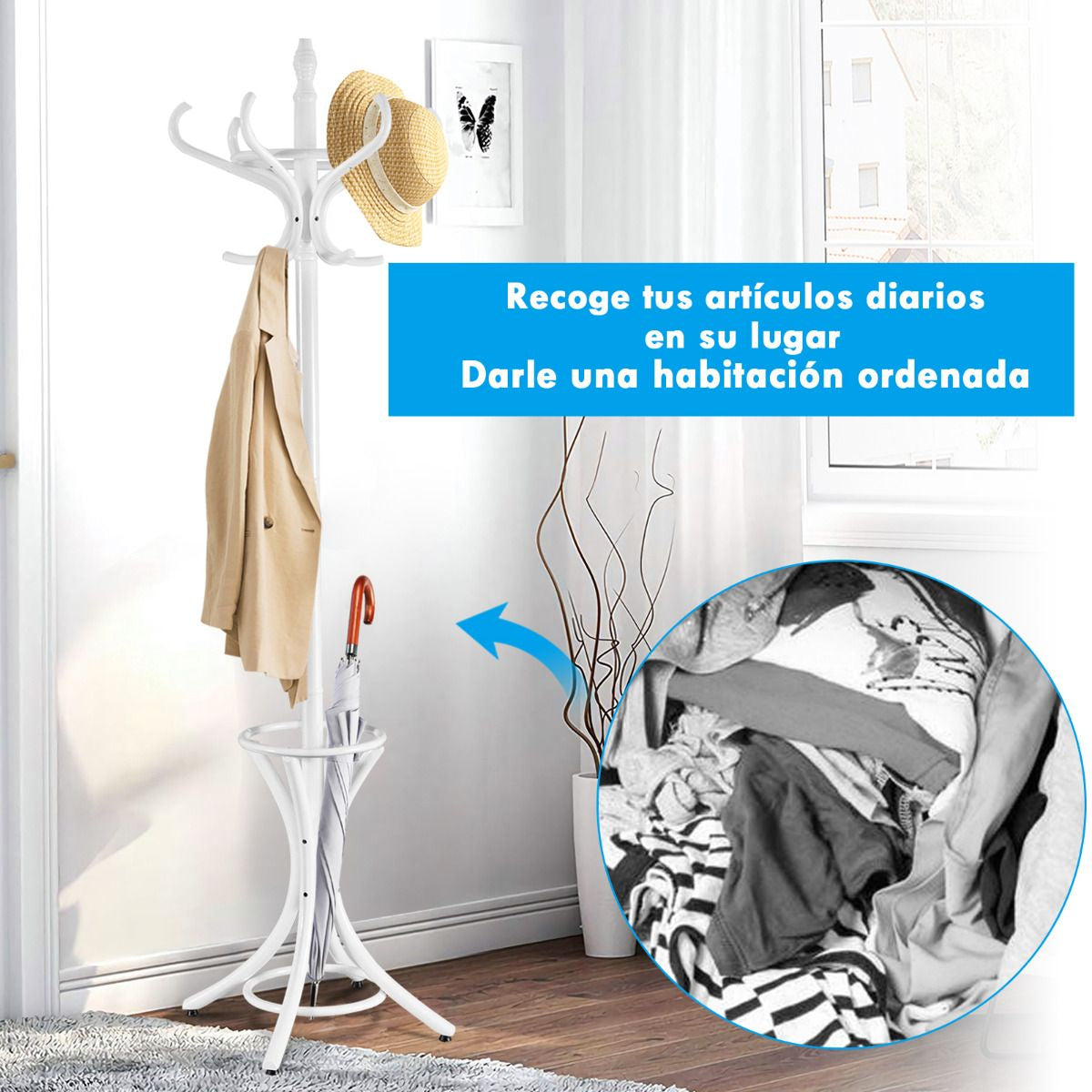 Perchero De Pie De Madera 184Cm Perchero Árbol Con Soporte 12 Perchas Para Colgar Ropa Sombrero Para Habitación Entrada Blanco
