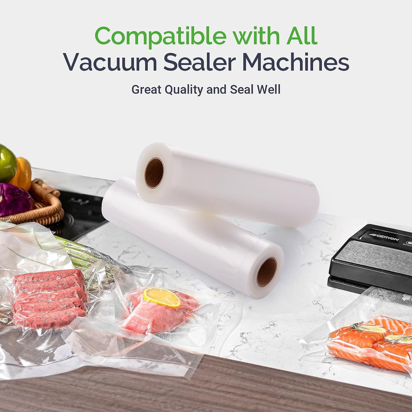GERYON Vacuum Sealer Rolls, 2 Packs 8" X 50' Food Vacuum Sealer Bags Rolls Work with All Brand Food Sealer Machine