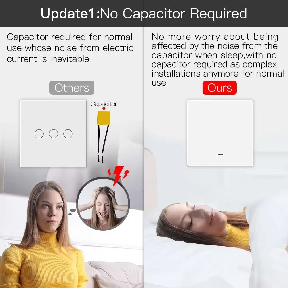 Tuya Zigbee Smart Light Switch No Neutral Wire No Capacitor Needed Smart Life 2/3 Way Works with Alexa Google Home 2Mqtt