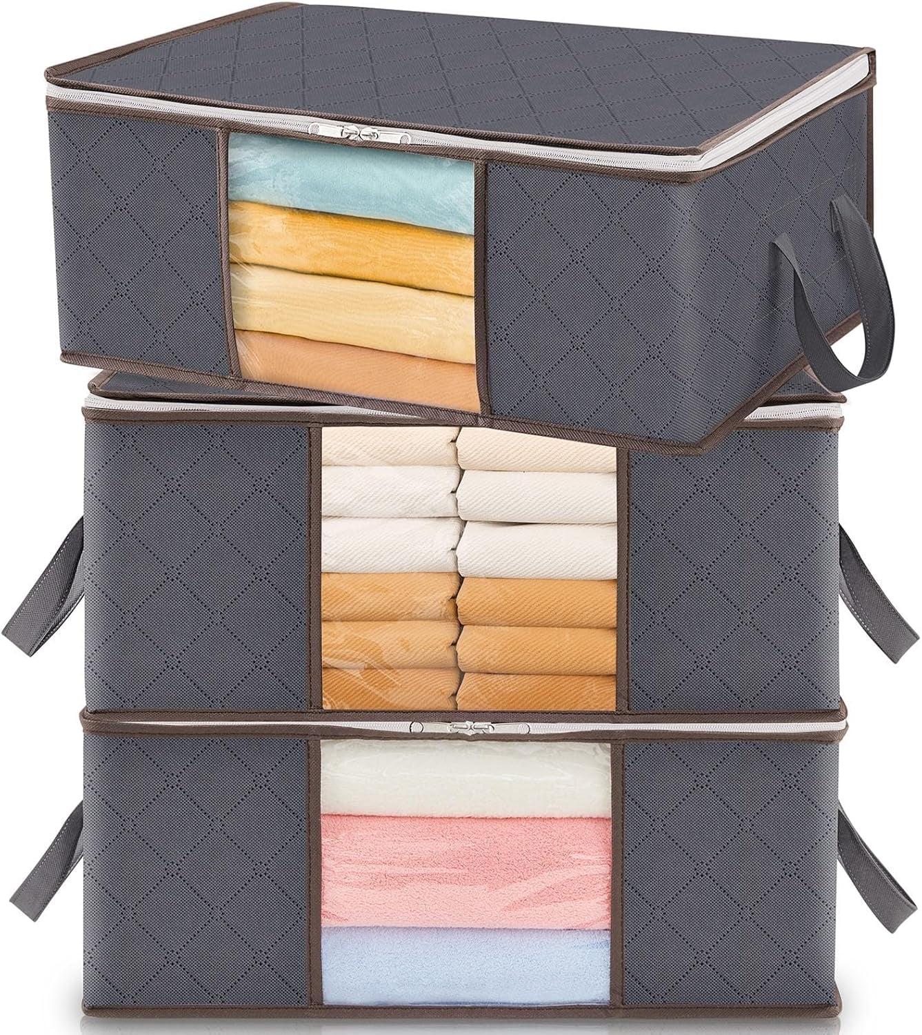 Lifewit Set of 3 Foldable Clothes Storage Bins with Lids, Zipper Closure, Clear Window, and Reinforced Handles for Organized Closet Storage of Clothing, Sweaters, Comforters, and Bedding in Gray