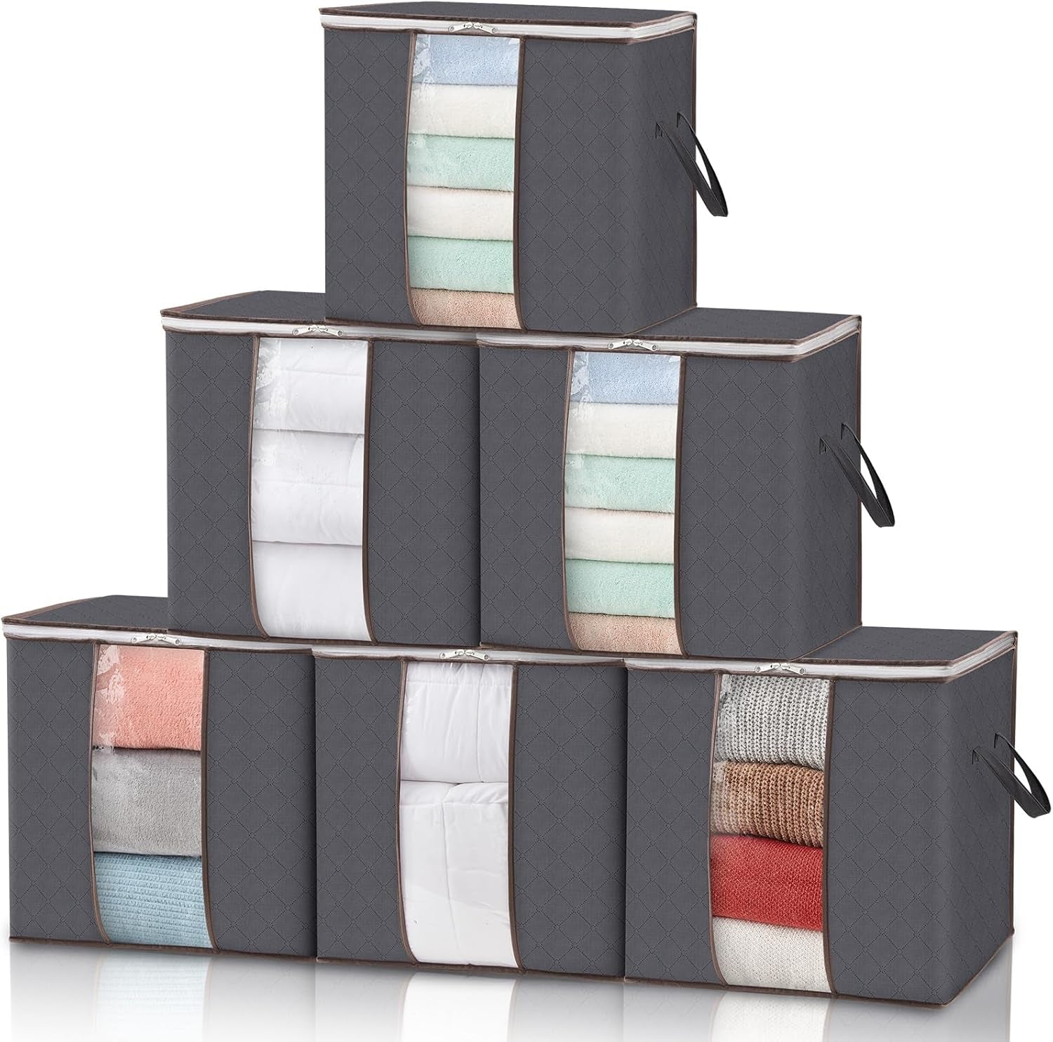 Lifewit Set of 3 Foldable Clothes Storage Bins with Lids, Zipper Closure, Clear Window, and Reinforced Handles for Organized Closet Storage of Clothing, Sweaters, Comforters, and Bedding in Gray