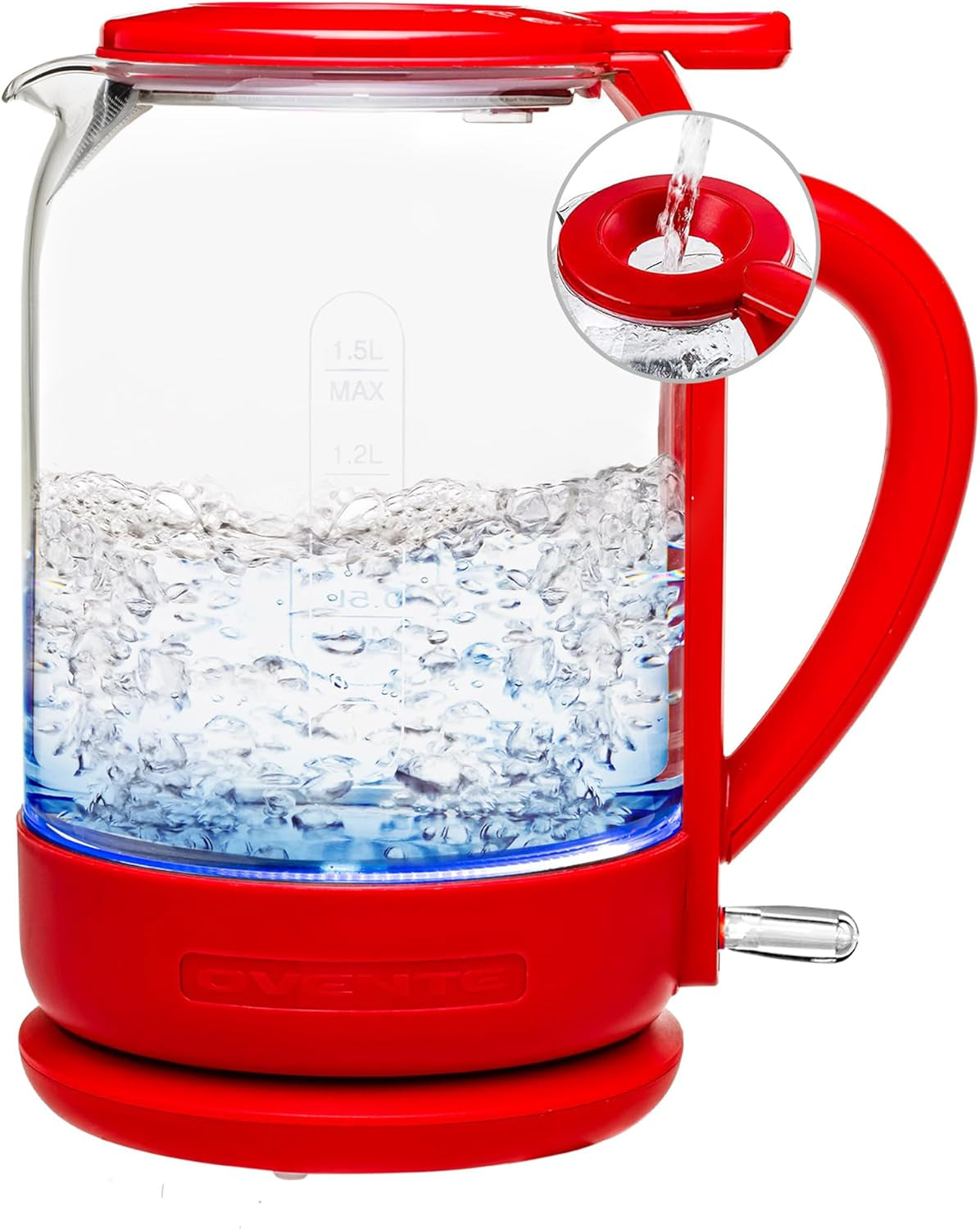 OVENTE 1.5L Borosilicate Glass Electric Kettle, 1500W Fast Boiling Water Heater with Auto Shut-Off, Boil-Dry Protection, and Stainless Steel Filter, White KG516W
