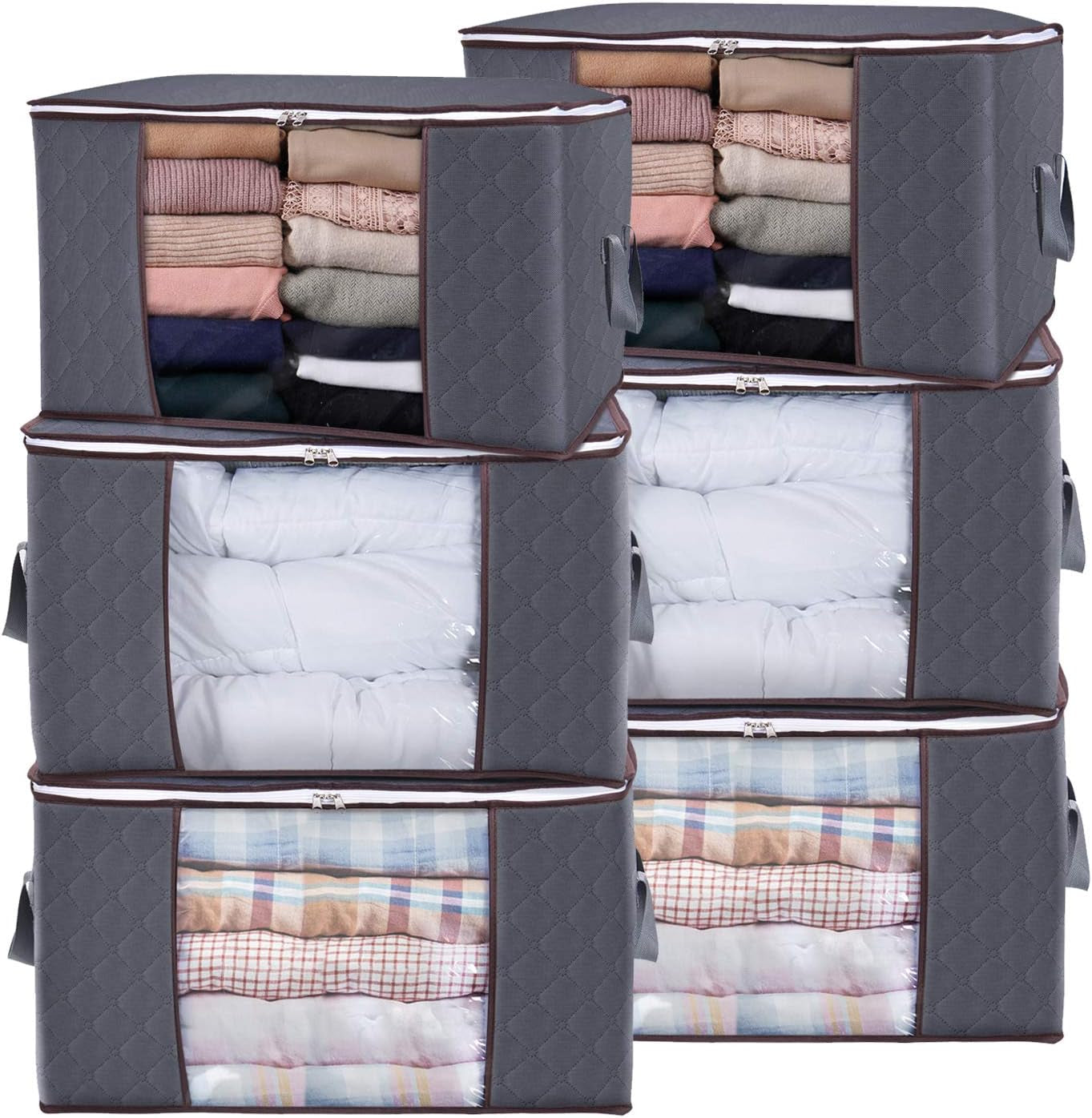 Lifewit Set of 3 Foldable Clothes Storage Bins with Lids, Zipper Closure, Clear Window, and Reinforced Handles for Organized Closet Storage of Clothing, Sweaters, Comforters, and Bedding in Gray