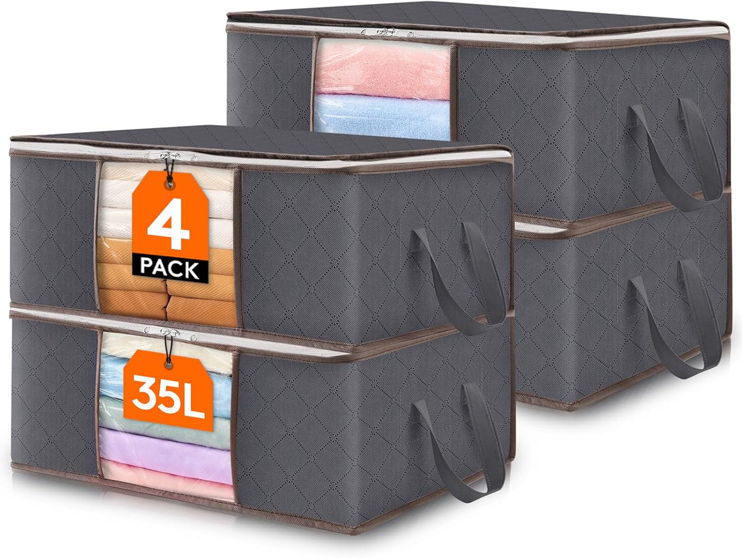 Lifewit Set of 3 Foldable Clothes Storage Bins with Lids, Zipper Closure, Clear Window, and Reinforced Handles for Organized Closet Storage of Clothing, Sweaters, Comforters, and Bedding in Gray