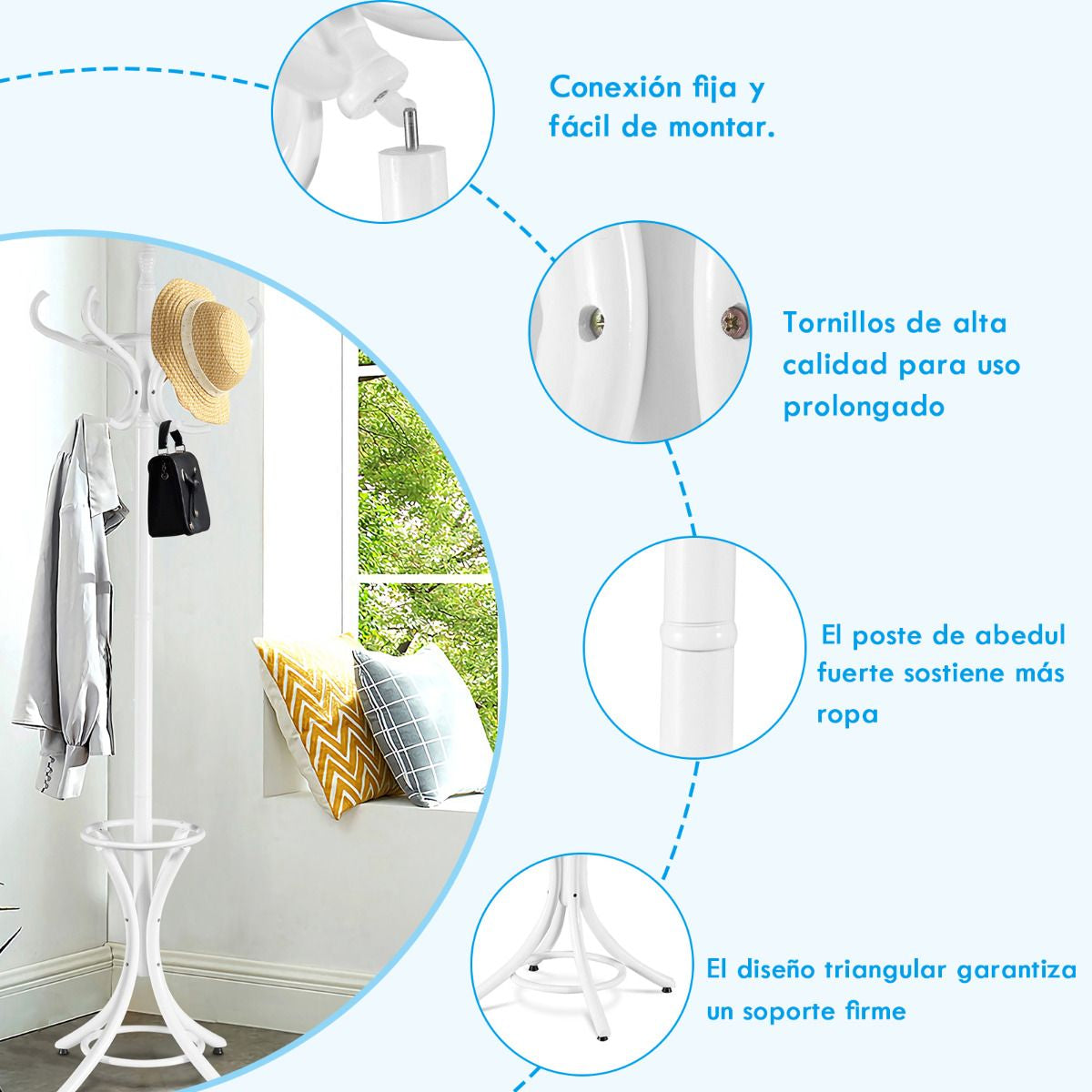 Perchero De Pie De Madera 184Cm Perchero Árbol Con Soporte 12 Perchas Para Colgar Ropa Sombrero Para Habitación Entrada Blanco