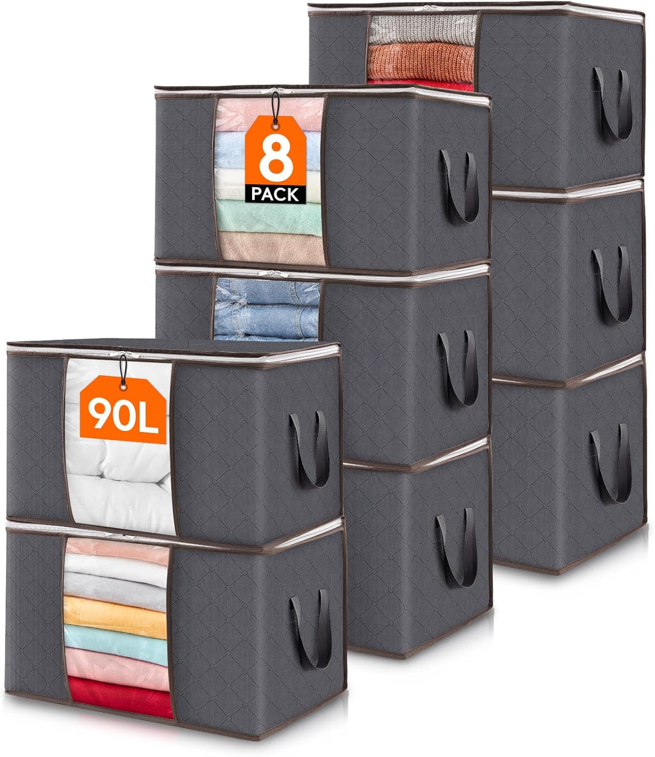 Lifewit Set of 3 Foldable Clothes Storage Bins with Lids, Zipper Closure, Clear Window, and Reinforced Handles for Organized Closet Storage of Clothing, Sweaters, Comforters, and Bedding in Gray