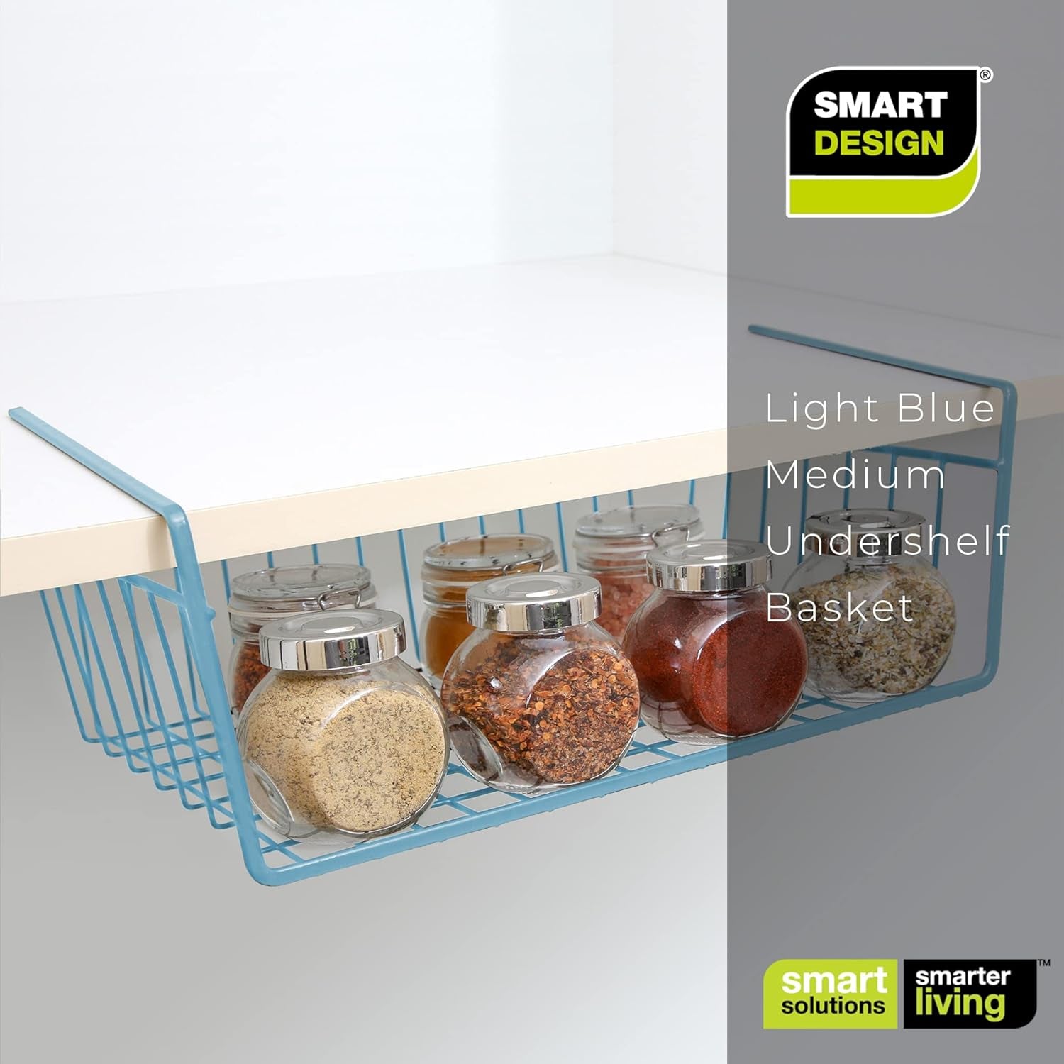 Smart Design Undershelf Storage Basket - Medium - Snug Fit Arms - Steel Metal Frame - Rust Resistant - Cabinet, Pantry, and Shelf Organization - 16 X 5.5 Inch - Light Blue