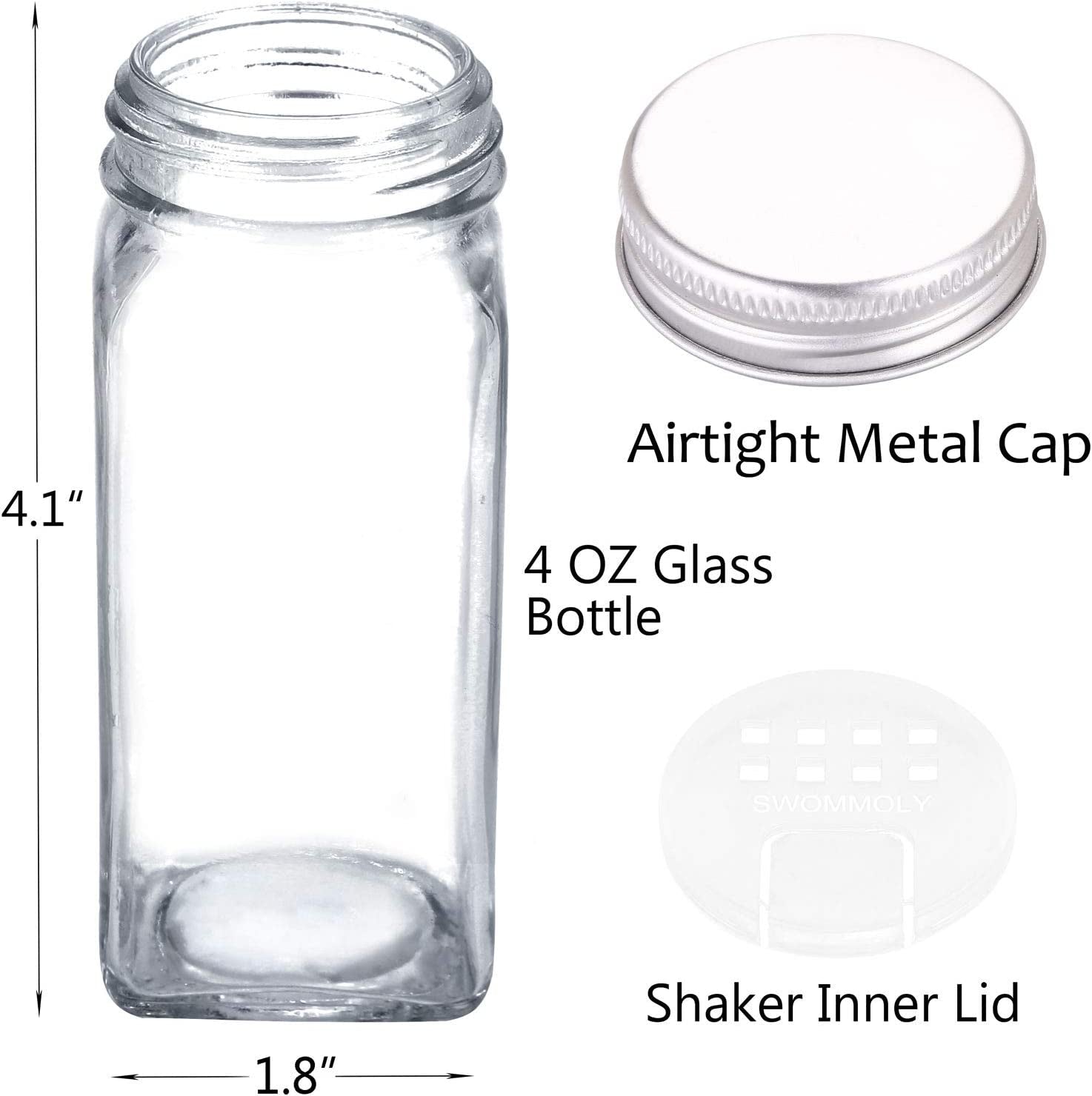 SWOMMOLY Spice Rack Organizer with 24 Empty Glass Spice Jars, 396 Spice Labels with Chalk Marker and Funnel Complete Set, for Countertop, Cabinet or Wall Mount, Silver