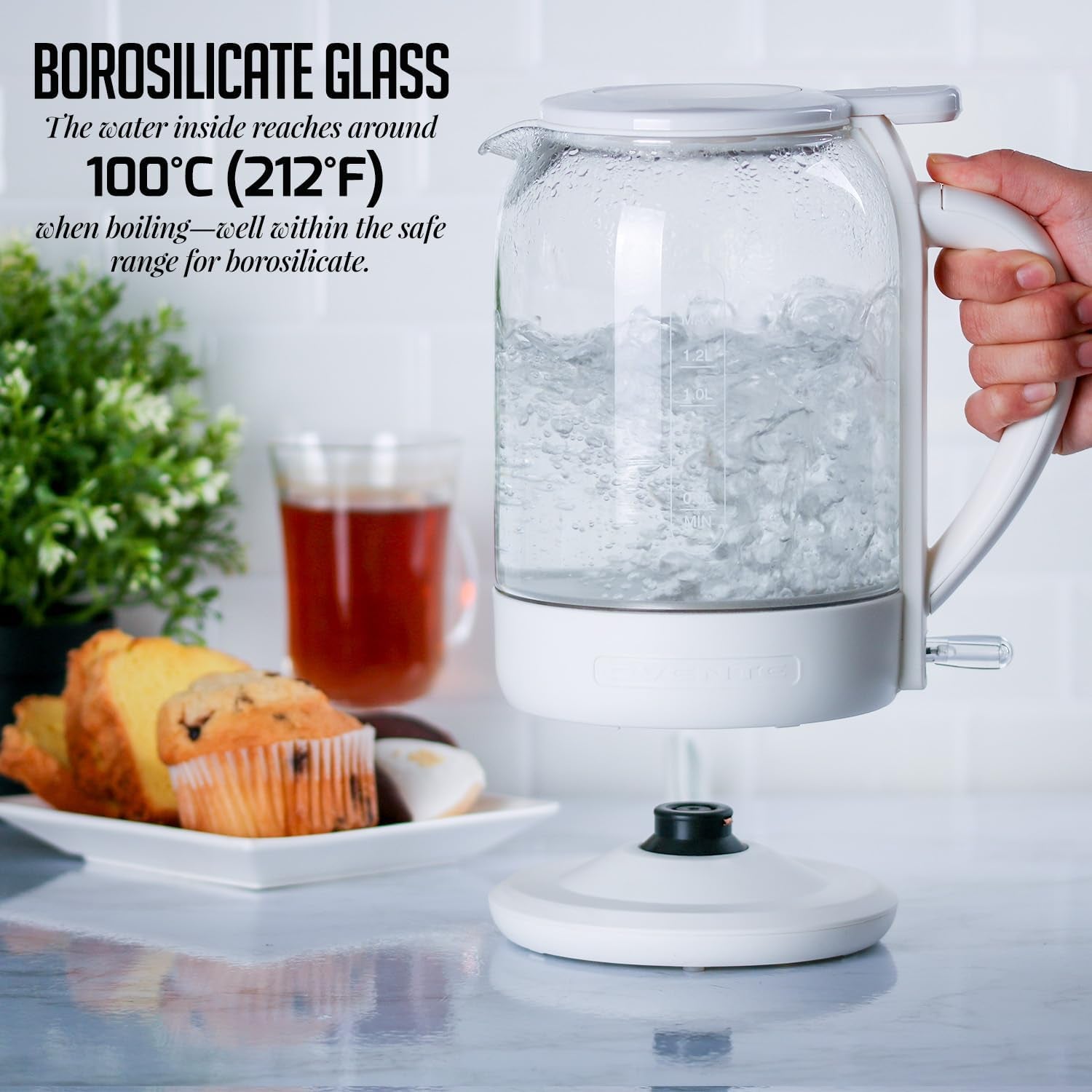 OVENTE 1.5L Borosilicate Glass Electric Kettle, 1500W Fast Boiling Water Heater with Auto Shut-Off, Boil-Dry Protection, and Stainless Steel Filter, White KG516W