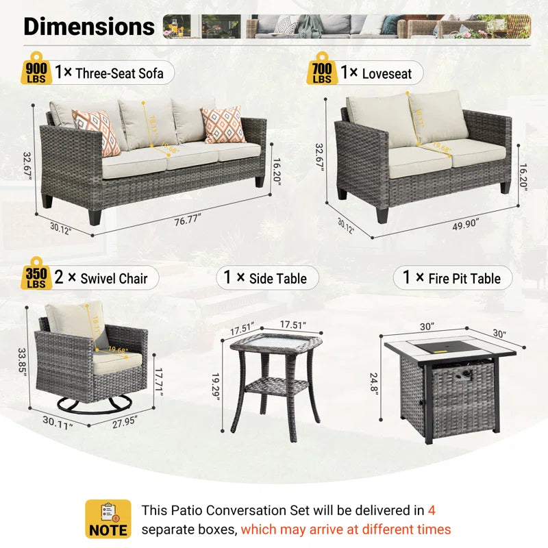 Lovall Rattan Wicker 7 - Person Seating Group with Fire Pit and Cushions