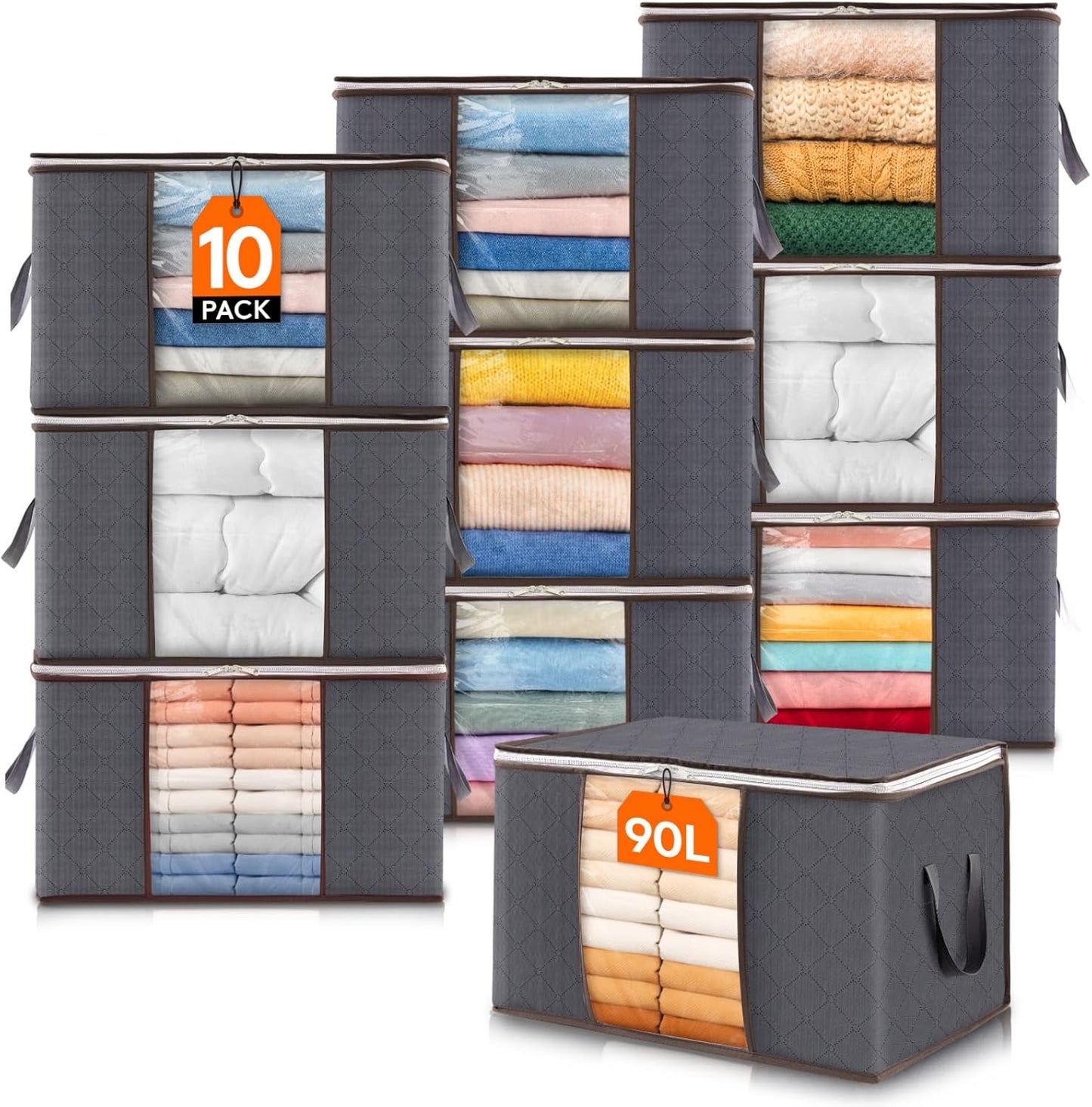 Lifewit Set of 3 Foldable Clothes Storage Bins with Lids, Zipper Closure, Clear Window, and Reinforced Handles for Organized Closet Storage of Clothing, Sweaters, Comforters, and Bedding in Gray