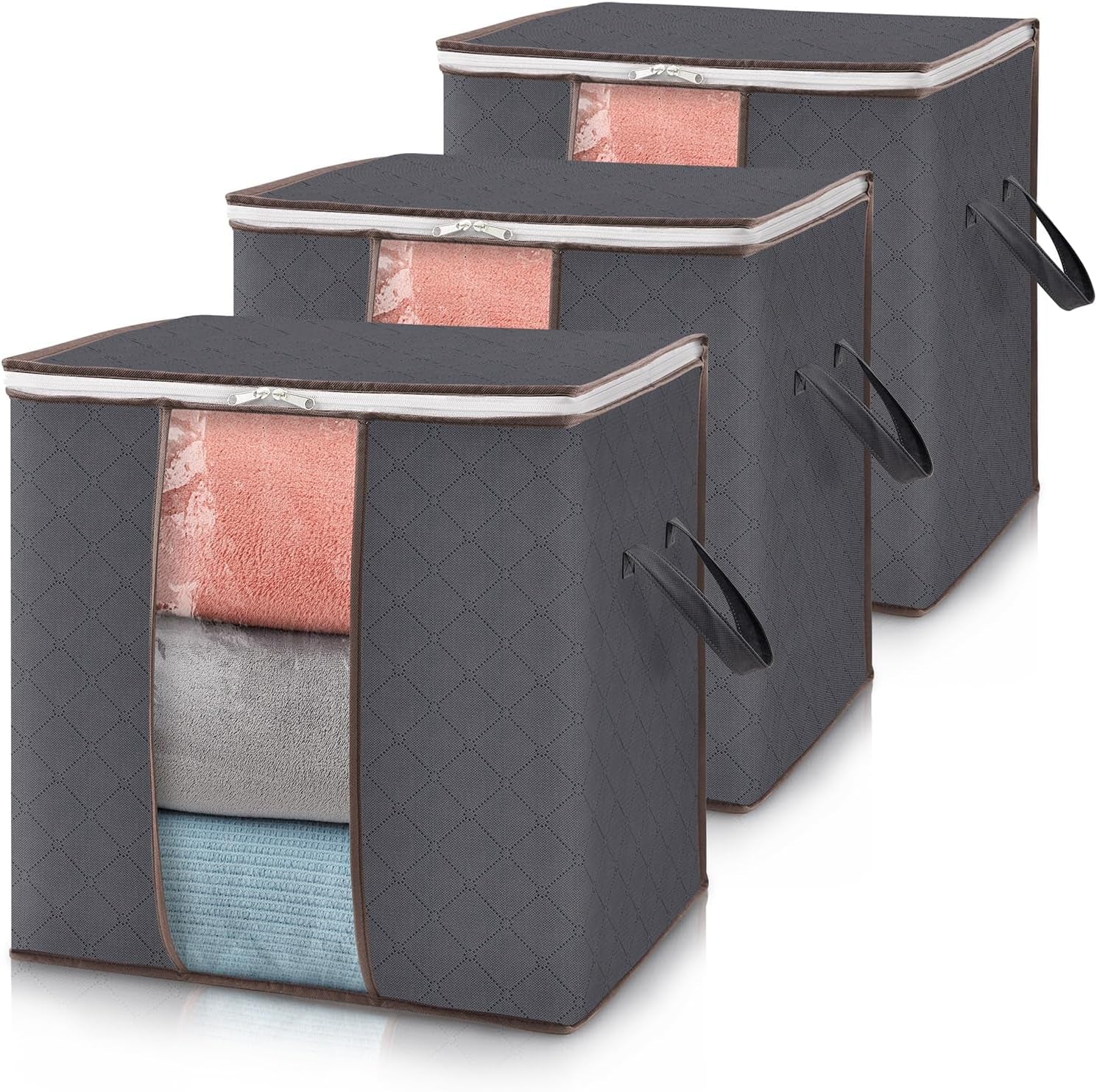 Lifewit Set of 3 Foldable Clothes Storage Bins with Lids, Zipper Closure, Clear Window, and Reinforced Handles for Organized Closet Storage of Clothing, Sweaters, Comforters, and Bedding in Gray