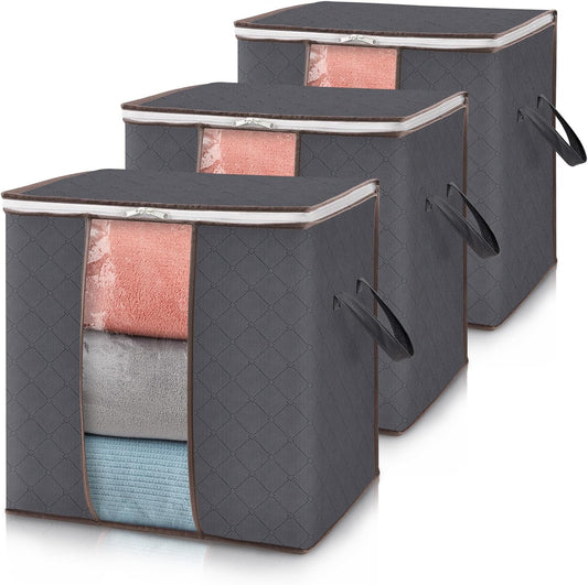 Lifewit Set of 3 Foldable Clothes Storage Bins with Lids, Zipper Closure, Clear Window, and Reinforced Handles for Organized Closet Storage of Clothing, Sweaters, Comforters, and Bedding in Gray