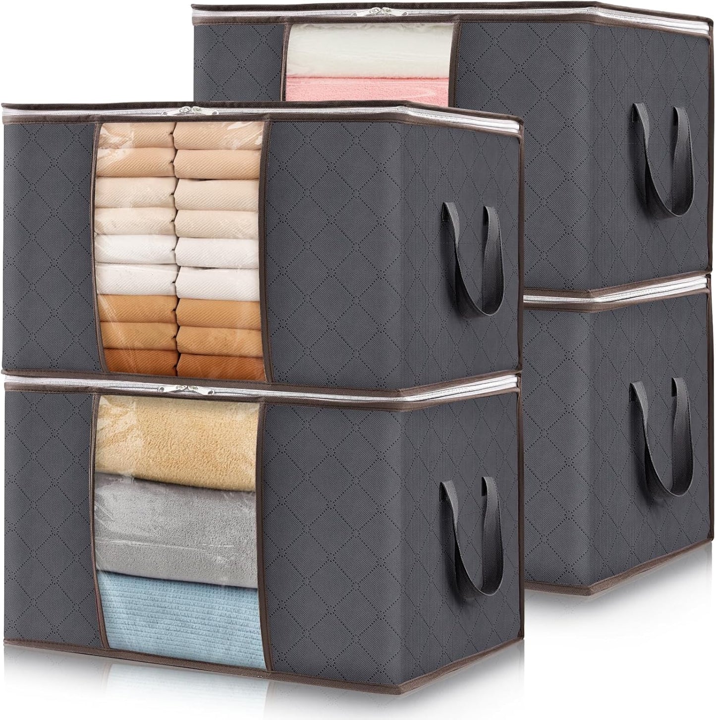 Lifewit Set of 3 Foldable Clothes Storage Bins with Lids, Zipper Closure, Clear Window, and Reinforced Handles for Organized Closet Storage of Clothing, Sweaters, Comforters, and Bedding in Gray