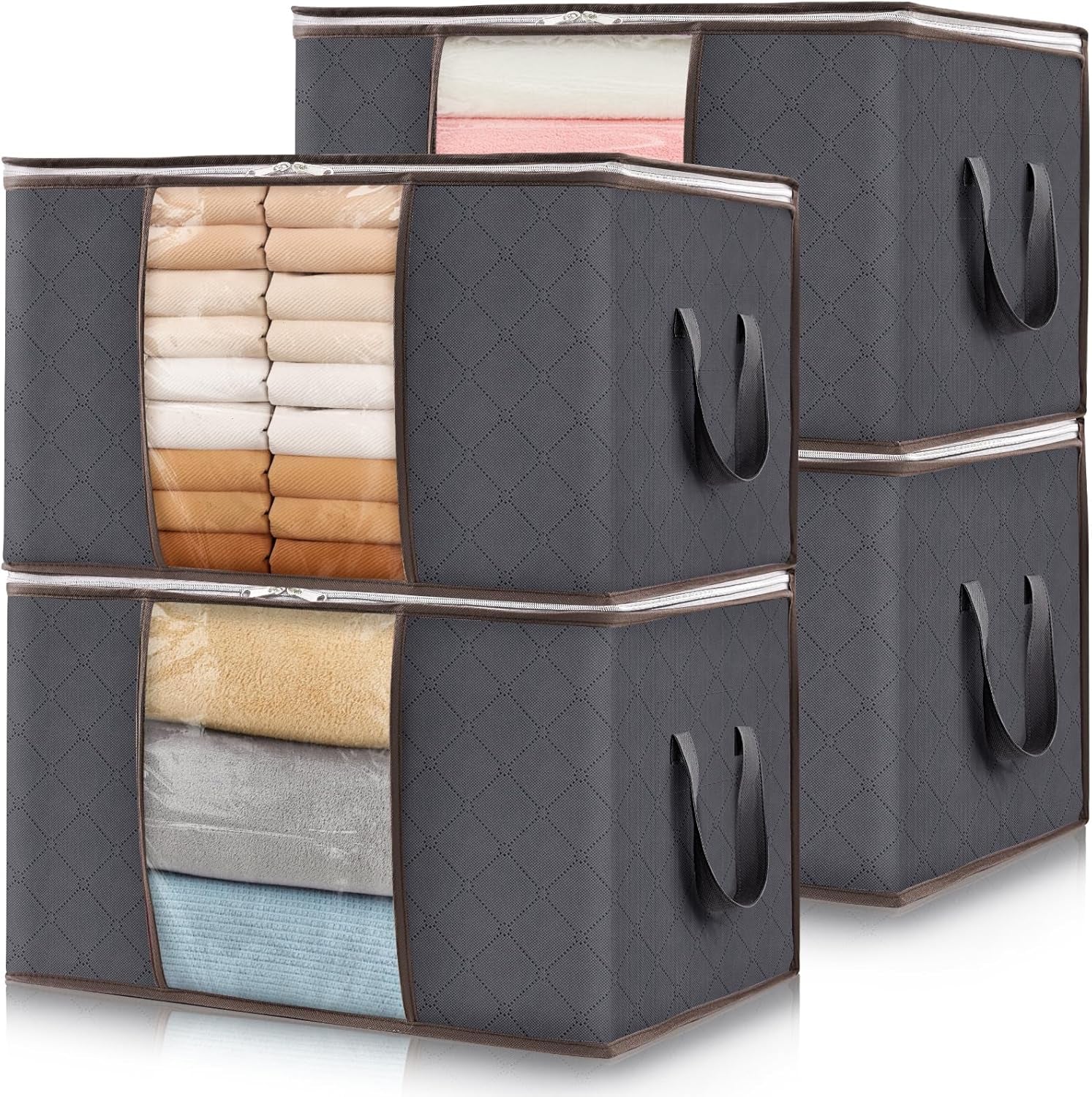 Lifewit Set of 3 Foldable Clothes Storage Bins with Lids, Zipper Closure, Clear Window, and Reinforced Handles for Organized Closet Storage of Clothing, Sweaters, Comforters, and Bedding in Gray