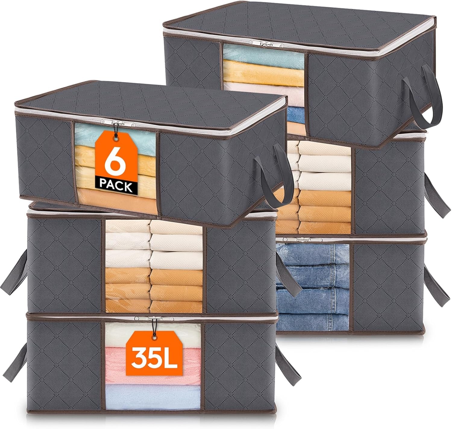Lifewit Set of 3 Foldable Clothes Storage Bins with Lids, Zipper Closure, Clear Window, and Reinforced Handles for Organized Closet Storage of Clothing, Sweaters, Comforters, and Bedding in Gray
