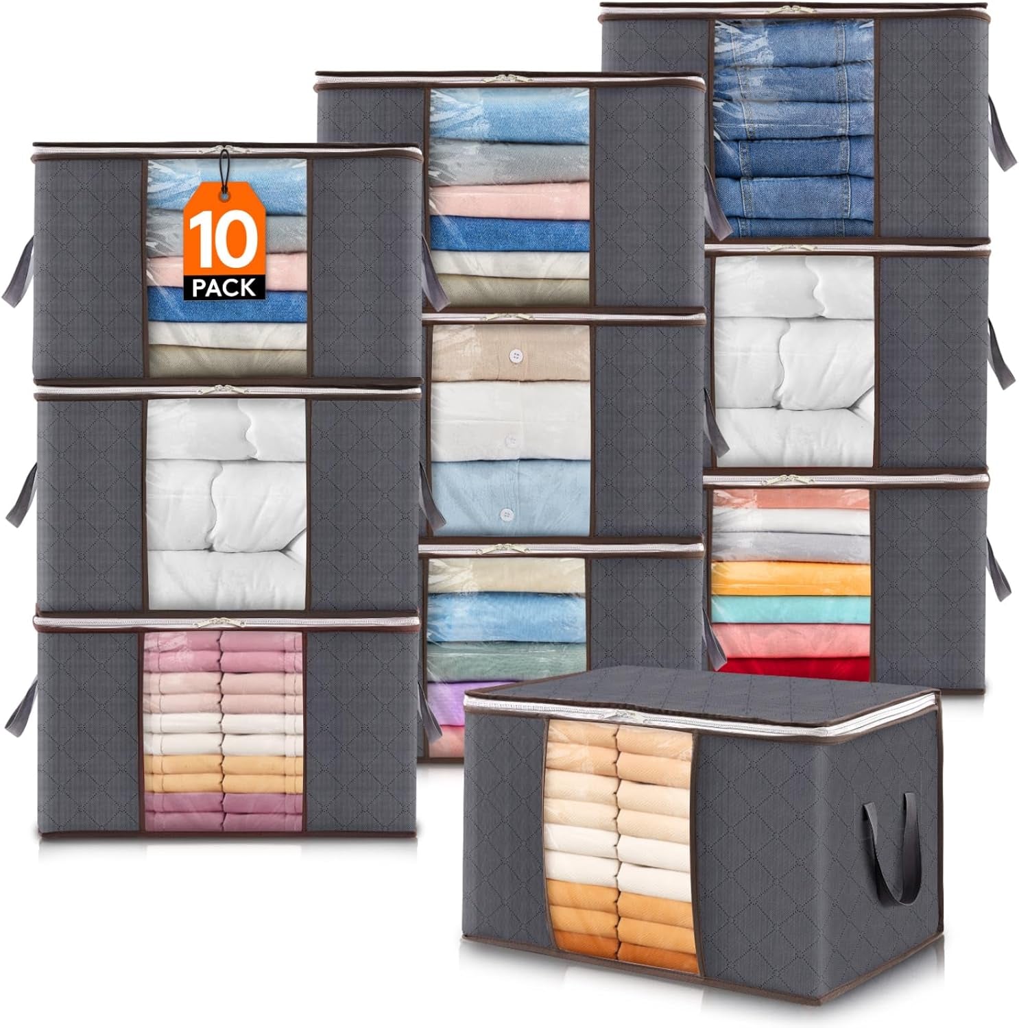 Lifewit Set of 3 Foldable Clothes Storage Bins with Lids, Zipper Closure, Clear Window, and Reinforced Handles for Organized Closet Storage of Clothing, Sweaters, Comforters, and Bedding in Gray