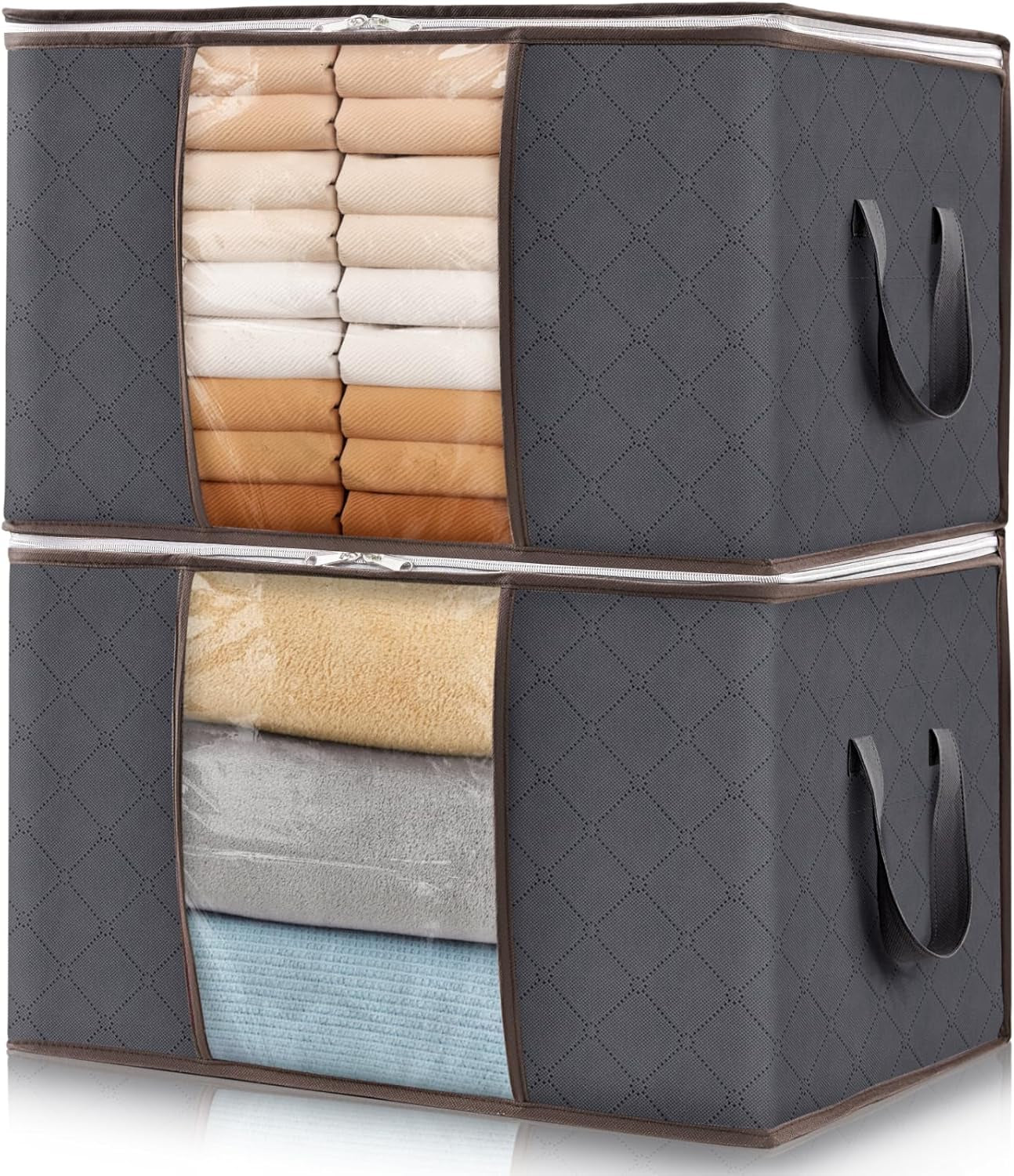 Lifewit Set of 3 Foldable Clothes Storage Bins with Lids, Zipper Closure, Clear Window, and Reinforced Handles for Organized Closet Storage of Clothing, Sweaters, Comforters, and Bedding in Gray
