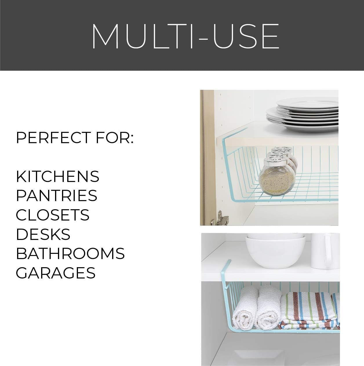Smart Design Undershelf Storage Basket - Medium - Snug Fit Arms - Steel Metal Frame - Rust Resistant - Cabinet, Pantry, and Shelf Organization - 16 X 5.5 Inch - Light Blue