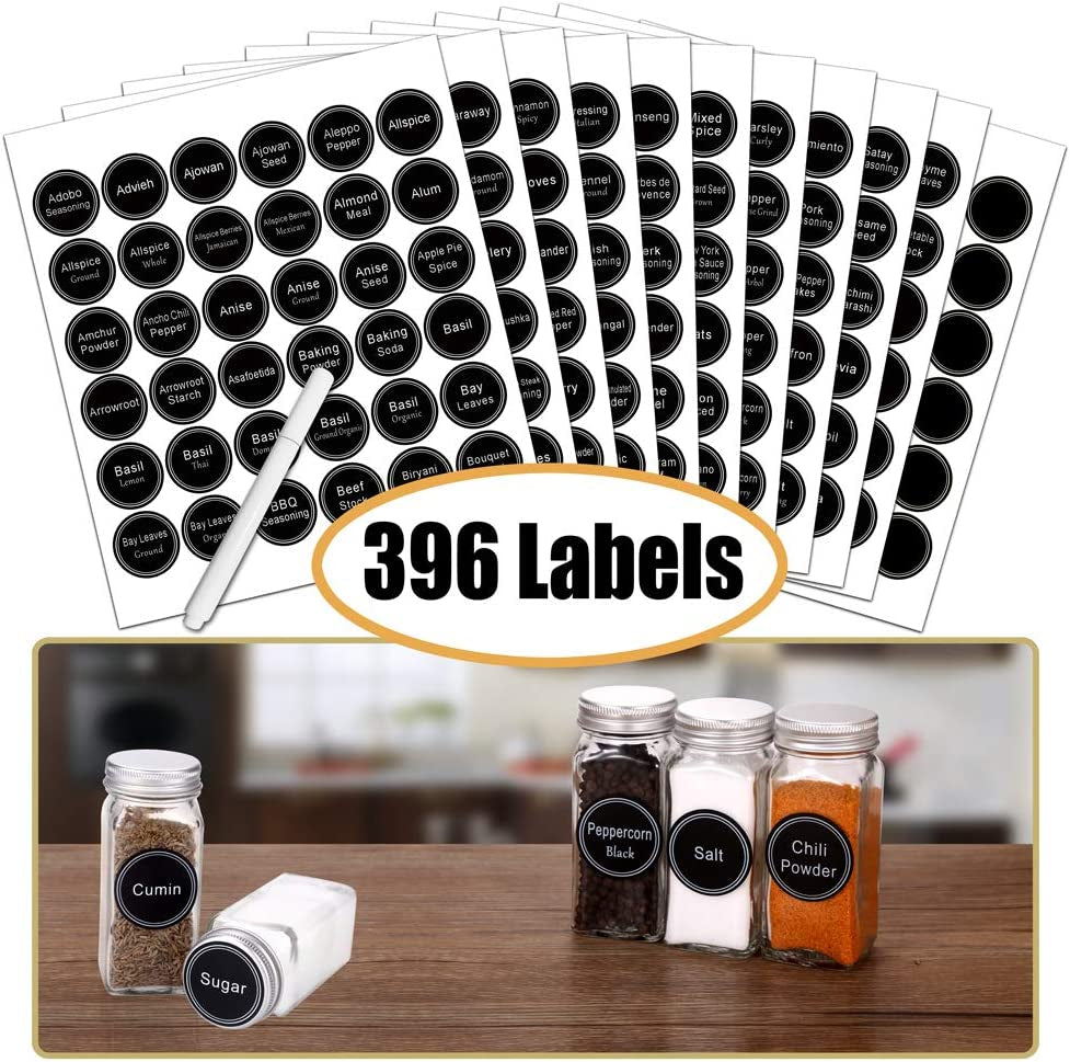 SWOMMOLY Spice Rack Organizer with 24 Empty Glass Spice Jars, 396 Spice Labels with Chalk Marker and Funnel Complete Set, for Countertop, Cabinet or Wall Mount, Silver