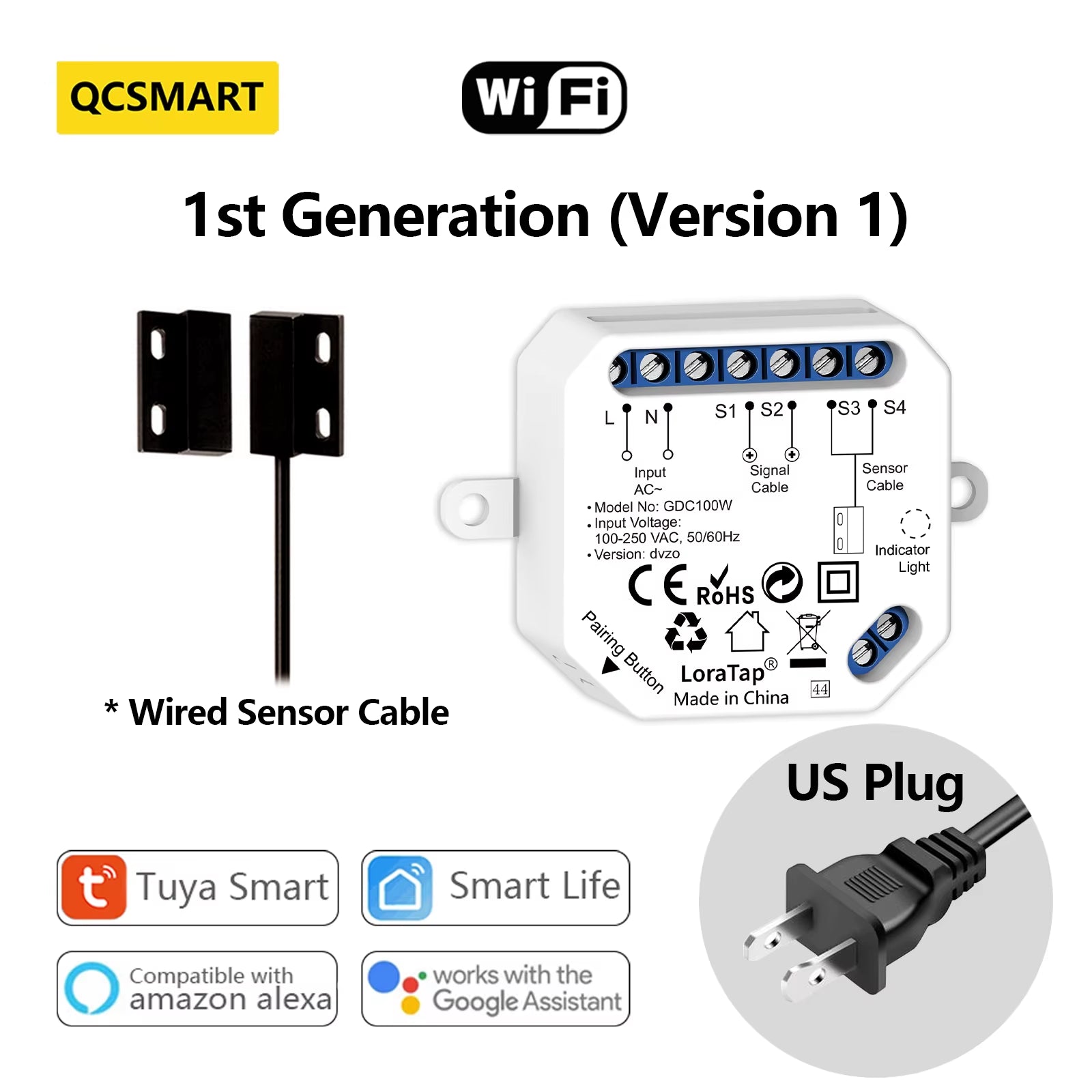 Garage Door Sensor Opener Controller Remote Wifi Switch Tuya Smart Life App Alert Works with Google Home Alexa Home Automation