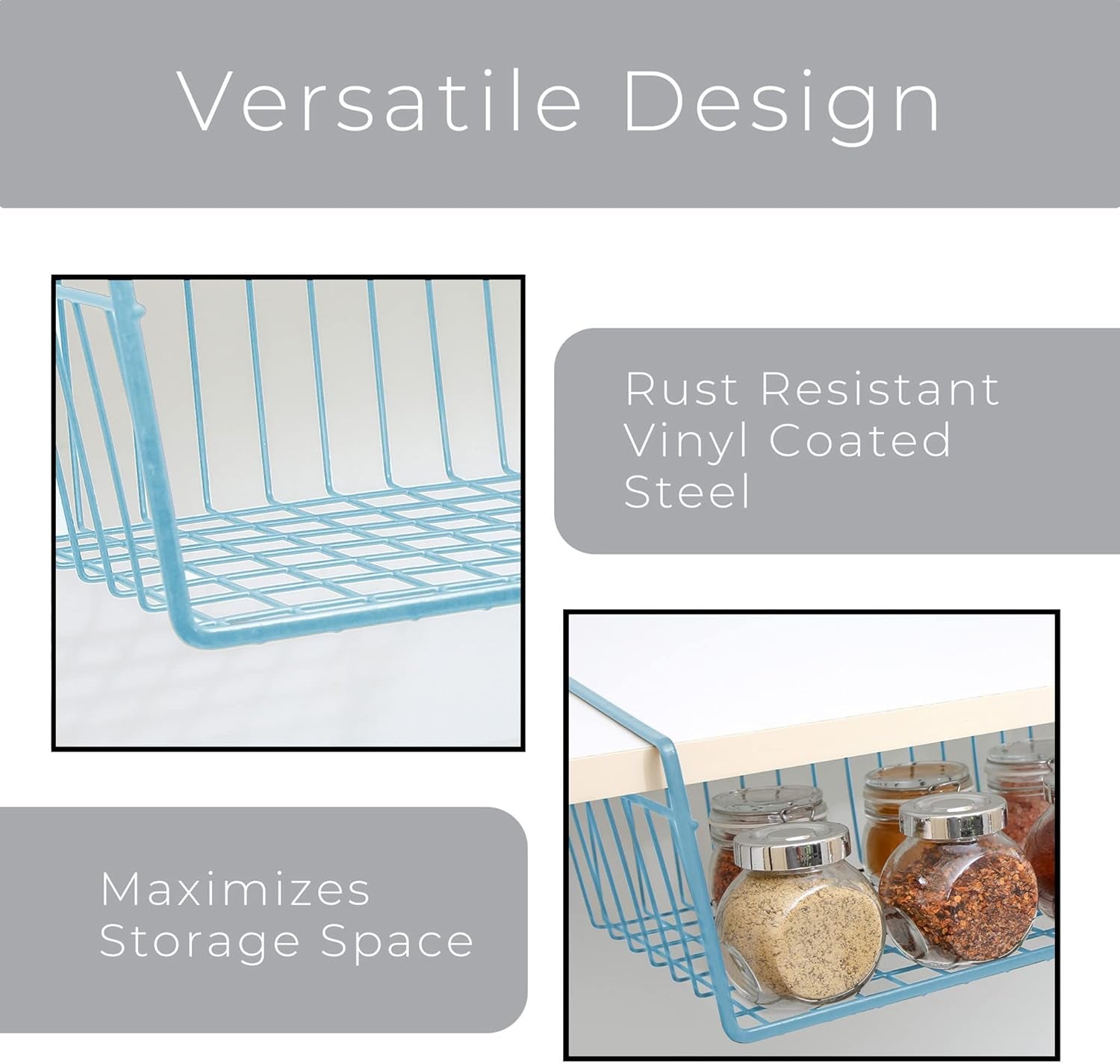 Smart Design Undershelf Storage Basket - Medium - Snug Fit Arms - Steel Metal Frame - Rust Resistant - Cabinet, Pantry, and Shelf Organization - 16 X 5.5 Inch - Light Blue