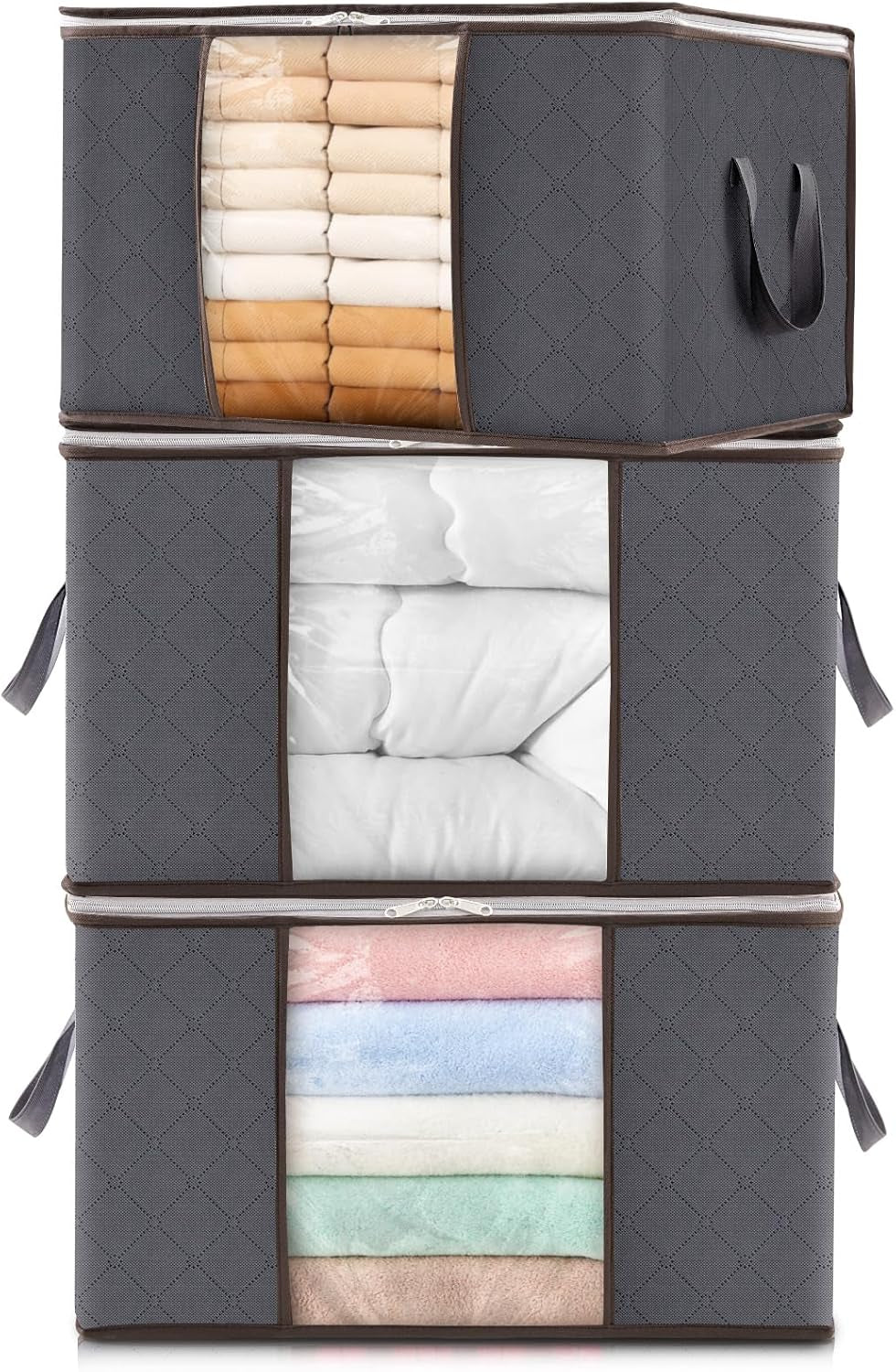 Lifewit Set of 3 Foldable Clothes Storage Bins with Lids, Zipper Closure, Clear Window, and Reinforced Handles for Organized Closet Storage of Clothing, Sweaters, Comforters, and Bedding in Gray