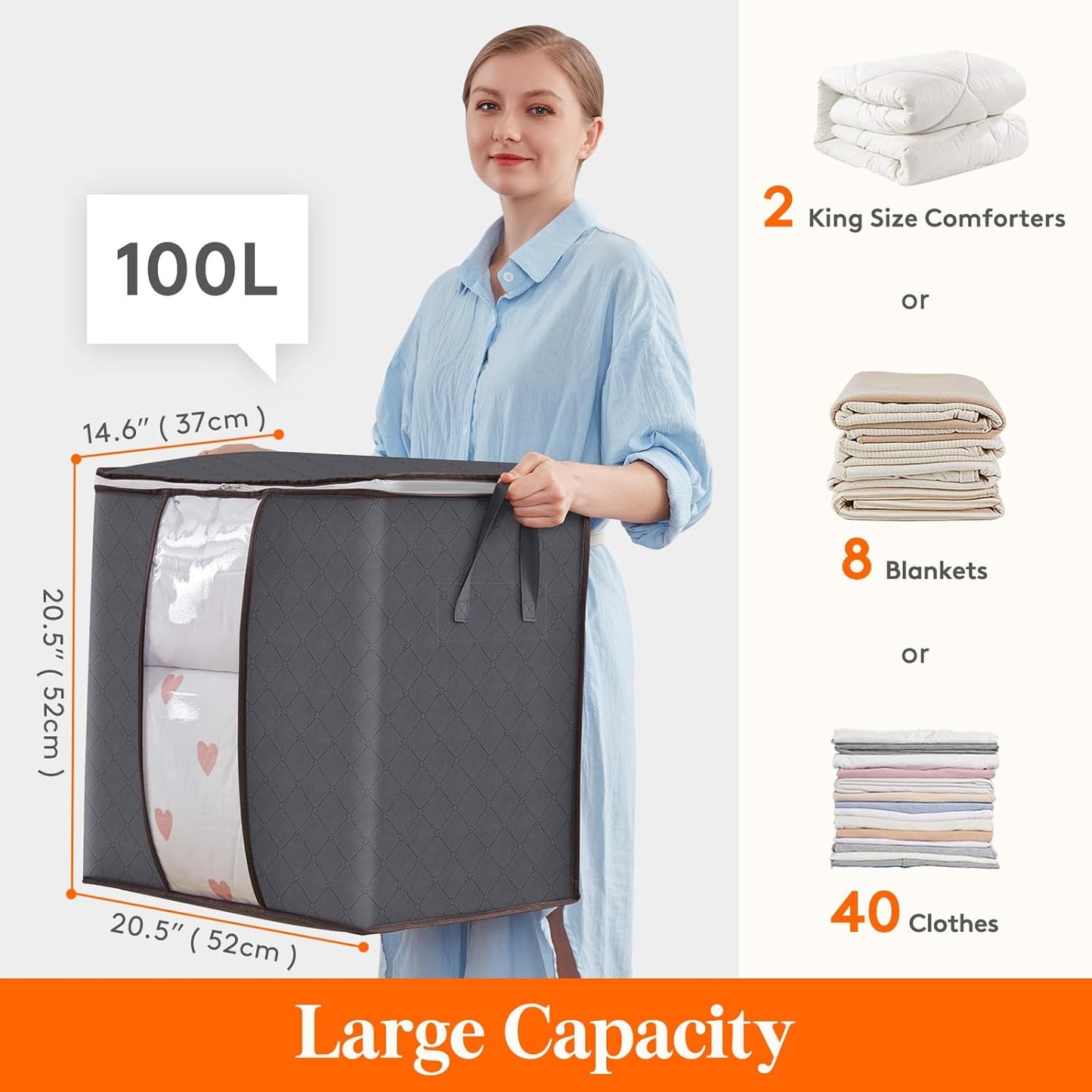 Lifewit Set of 3 Foldable Clothes Storage Bins with Lids, Zipper Closure, Clear Window, and Reinforced Handles for Organized Closet Storage of Clothing, Sweaters, Comforters, and Bedding in Gray