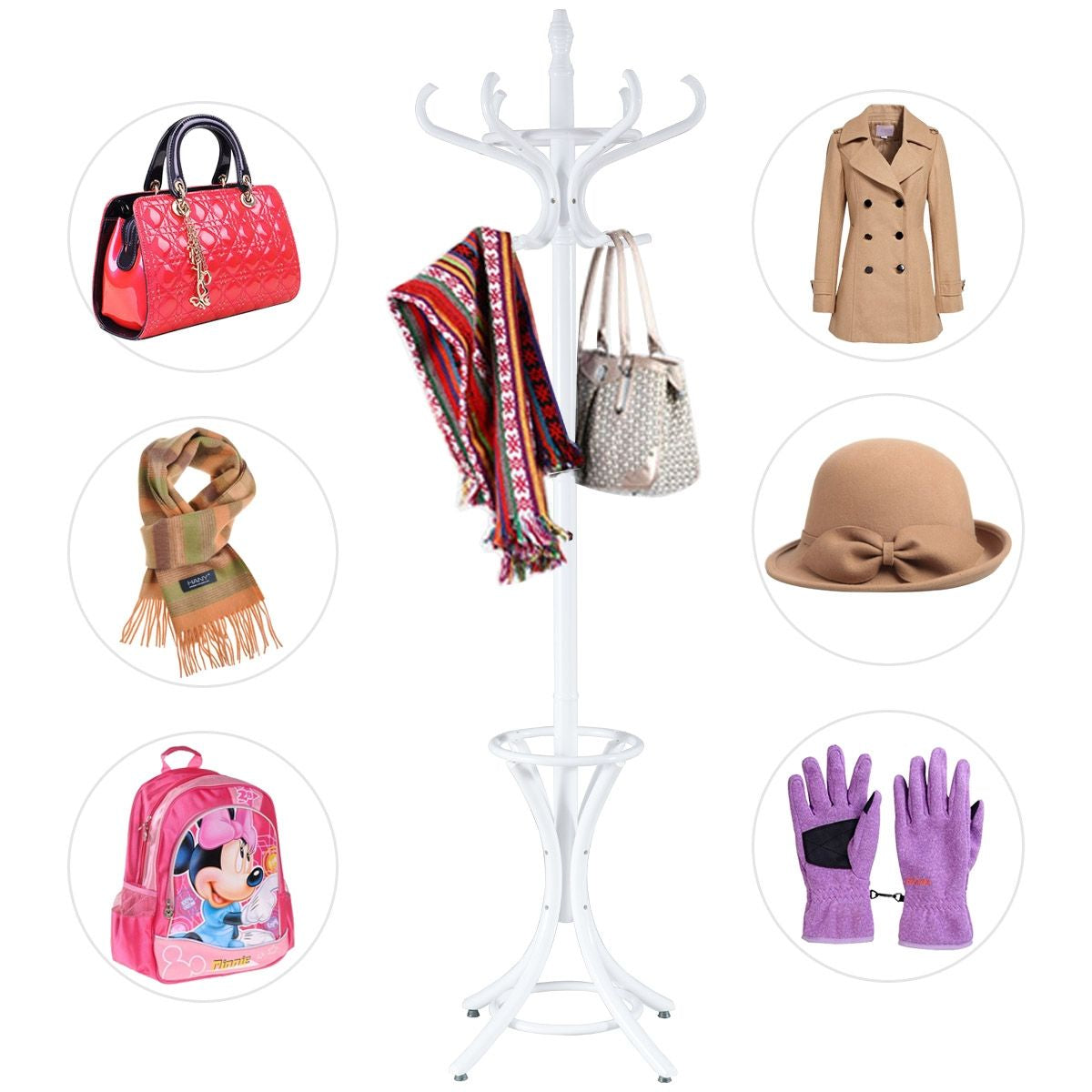 Perchero De Pie De Madera 184Cm Perchero Árbol Con Soporte 12 Perchas Para Colgar Ropa Sombrero Para Habitación Entrada Blanco