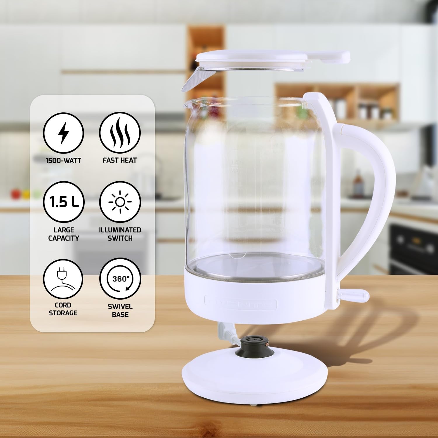 OVENTE 1.5L Borosilicate Glass Electric Kettle, 1500W Fast Boiling Water Heater with Auto Shut-Off, Boil-Dry Protection, and Stainless Steel Filter, White KG516W