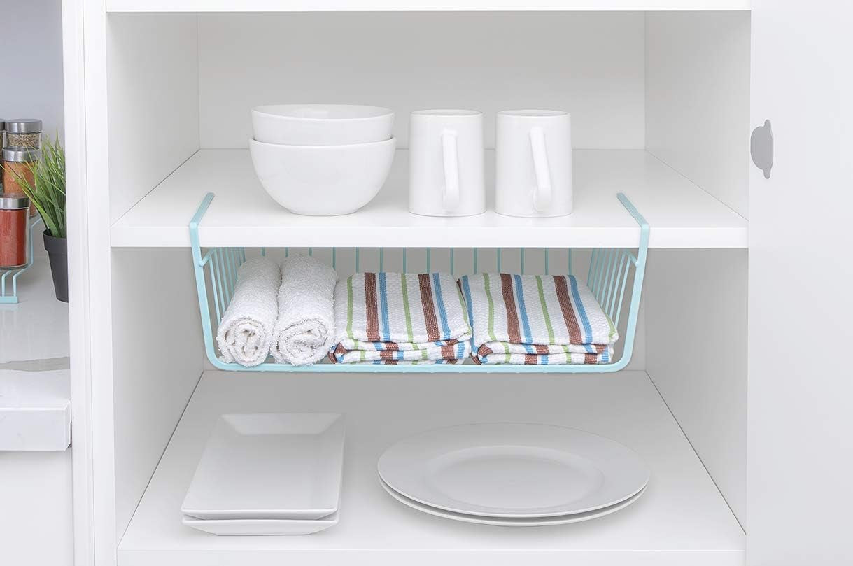 Smart Design Undershelf Storage Basket - Medium - Snug Fit Arms - Steel Metal Frame - Rust Resistant - Cabinet, Pantry, and Shelf Organization - 16 X 5.5 Inch - Light Blue