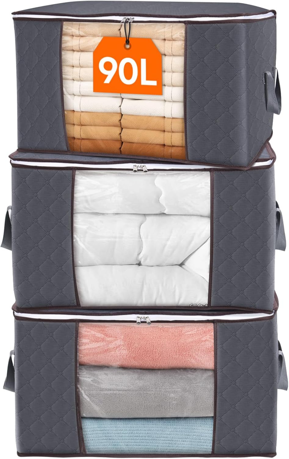 Lifewit Set of 3 Foldable Clothes Storage Bins with Lids, Zipper Closure, Clear Window, and Reinforced Handles for Organized Closet Storage of Clothing, Sweaters, Comforters, and Bedding in Gray