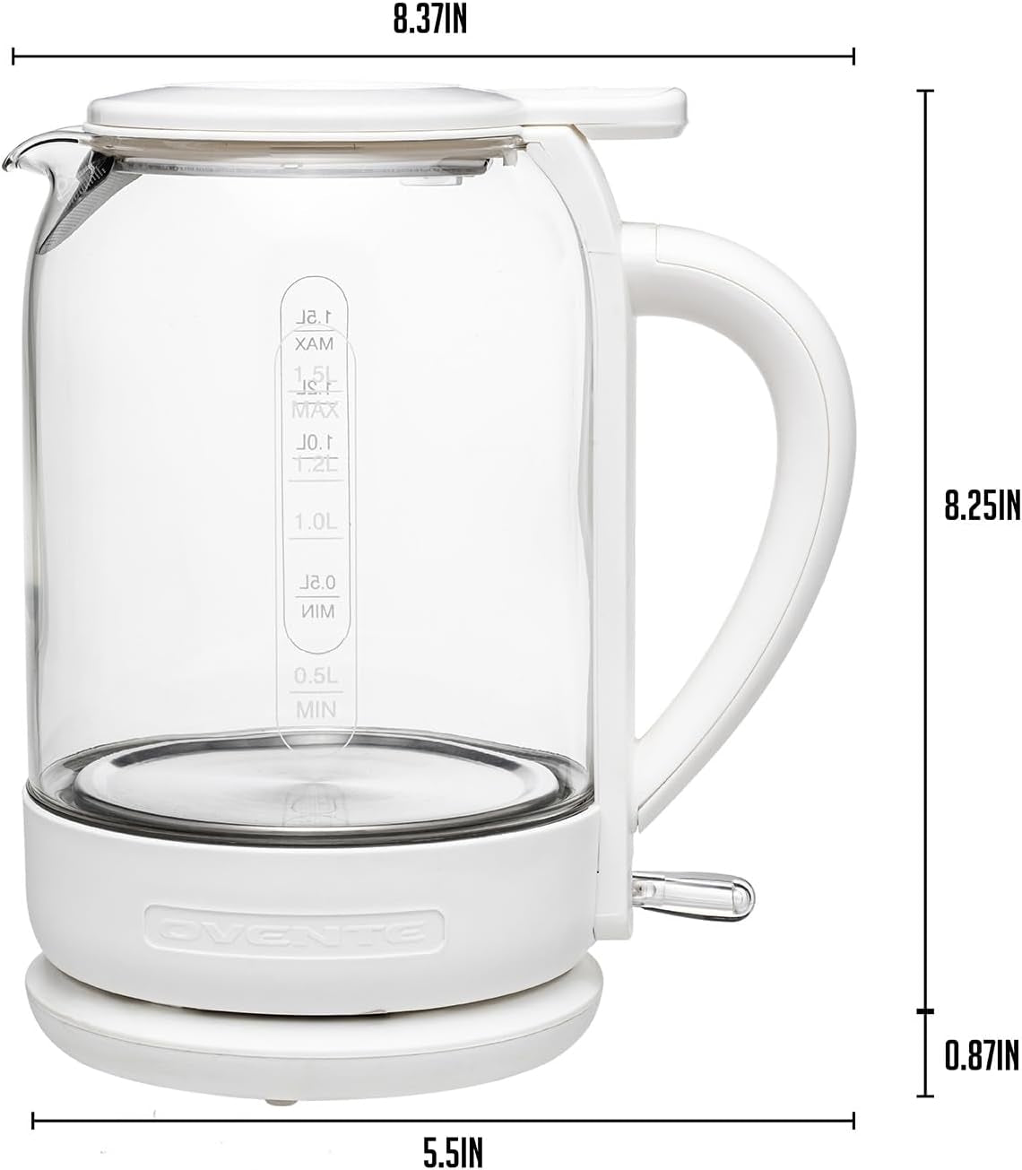 OVENTE 1.5L Borosilicate Glass Electric Kettle, 1500W Fast Boiling Water Heater with Auto Shut-Off, Boil-Dry Protection, and Stainless Steel Filter, White KG516W