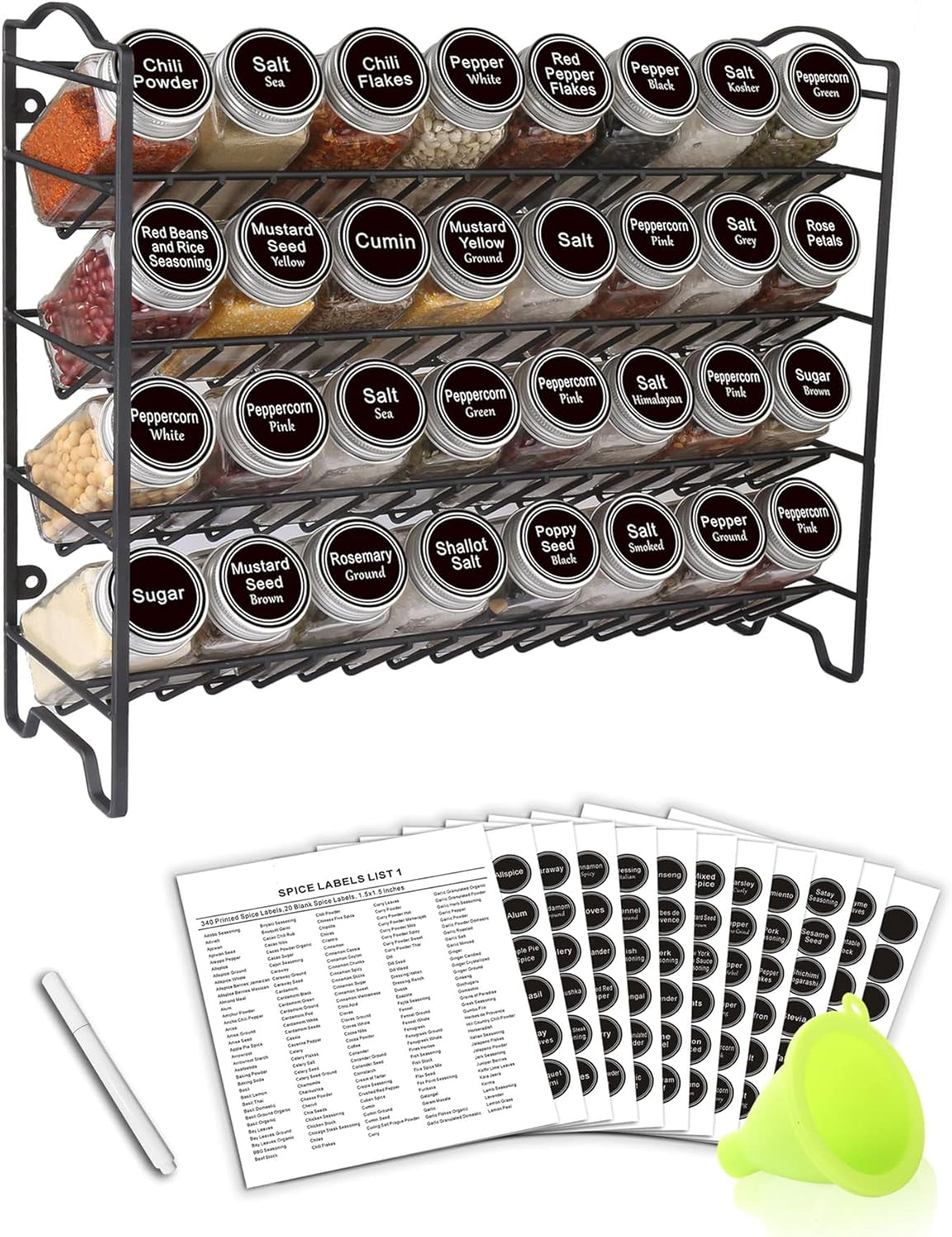 SWOMMOLY Spice Rack Organizer with 24 Empty Glass Spice Jars, 396 Spice Labels with Chalk Marker and Funnel Complete Set, for Countertop, Cabinet or Wall Mount, Silver