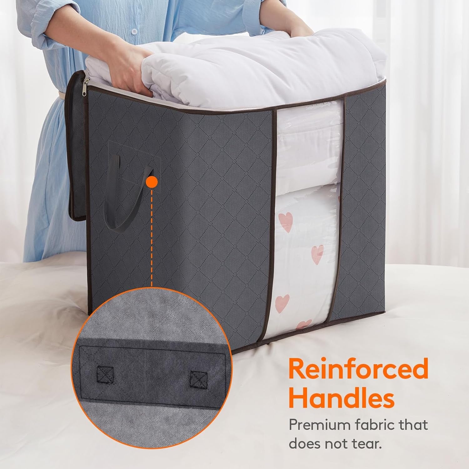 Lifewit Set of 3 Foldable Clothes Storage Bins with Lids, Zipper Closure, Clear Window, and Reinforced Handles for Organized Closet Storage of Clothing, Sweaters, Comforters, and Bedding in Gray