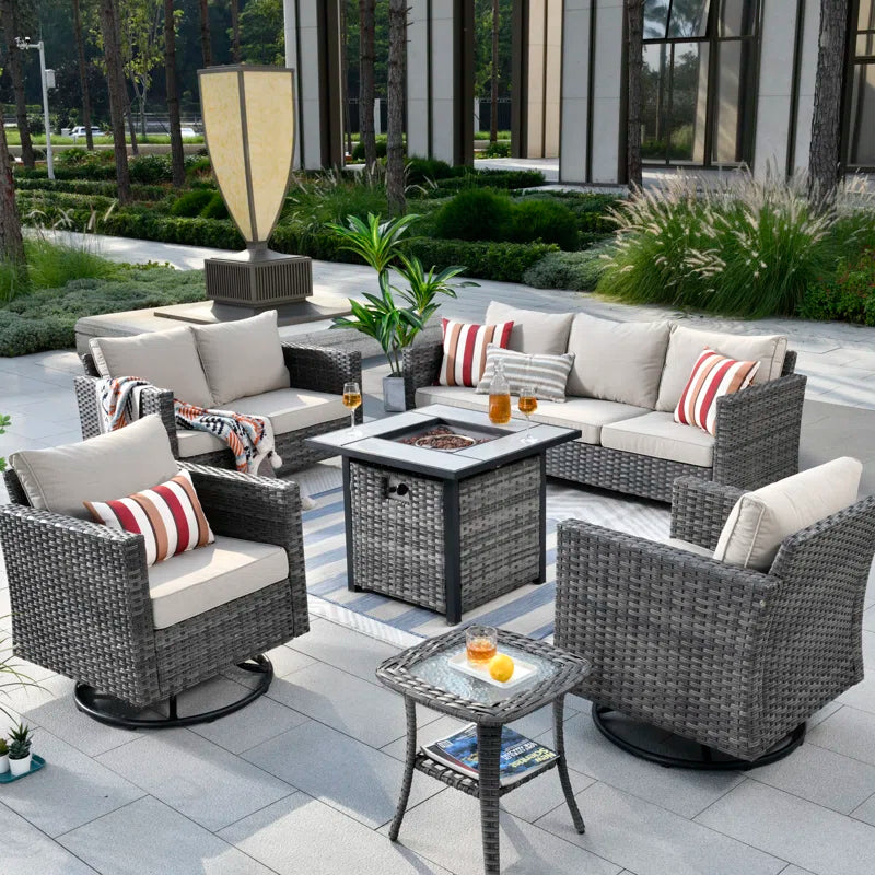 Lovall Rattan Wicker 7 - Person Seating Group with Fire Pit and Cushions
