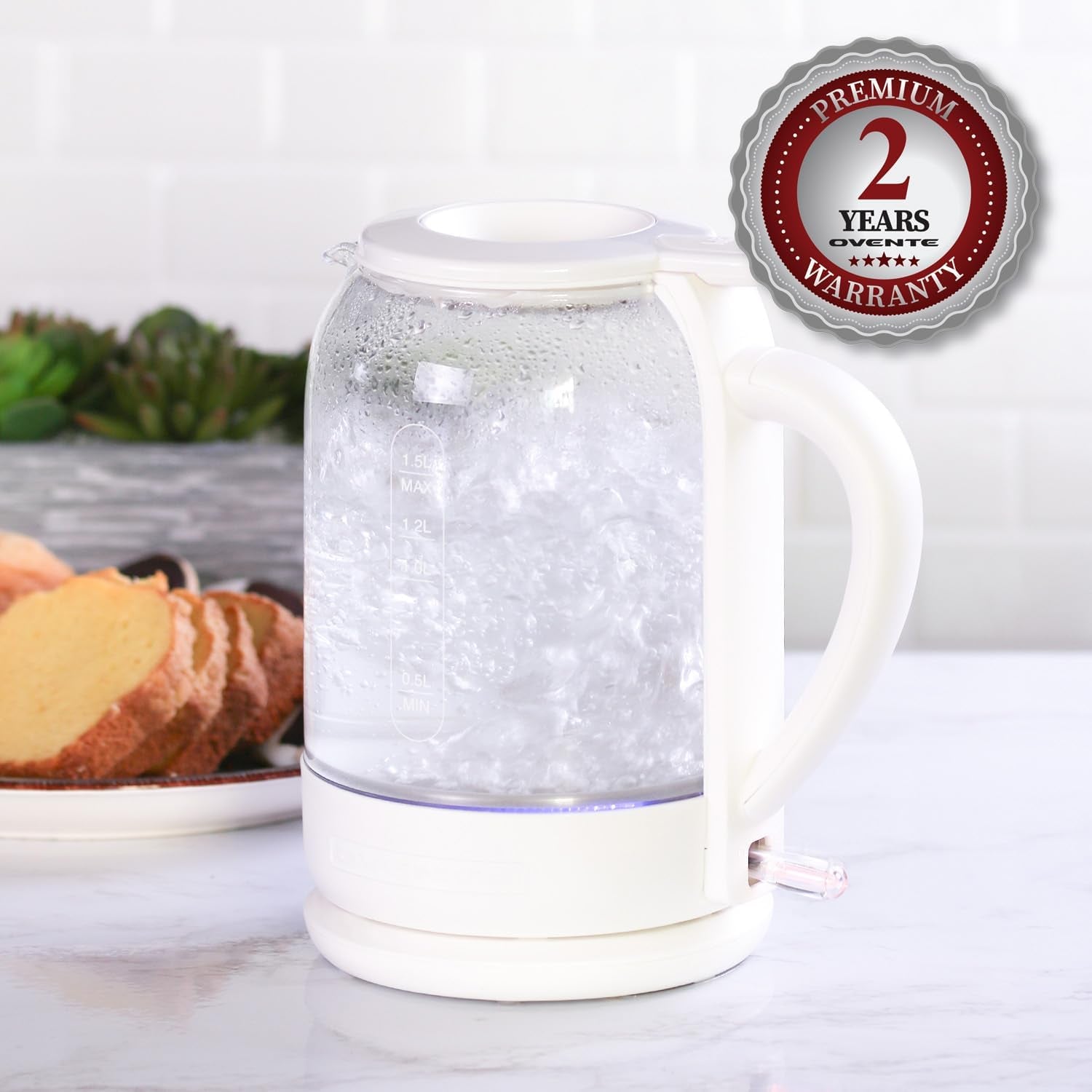 OVENTE 1.5L Borosilicate Glass Electric Kettle, 1500W Fast Boiling Water Heater with Auto Shut-Off, Boil-Dry Protection, and Stainless Steel Filter, White KG516W