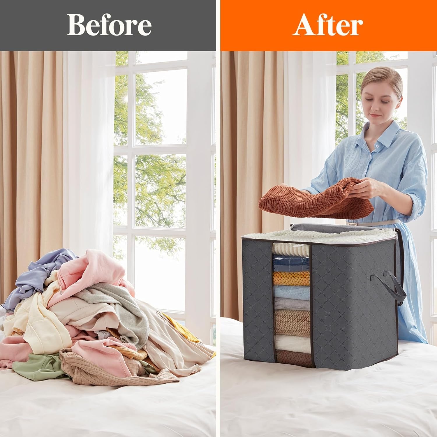 Lifewit Set of 3 Foldable Clothes Storage Bins with Lids, Zipper Closure, Clear Window, and Reinforced Handles for Organized Closet Storage of Clothing, Sweaters, Comforters, and Bedding in Gray