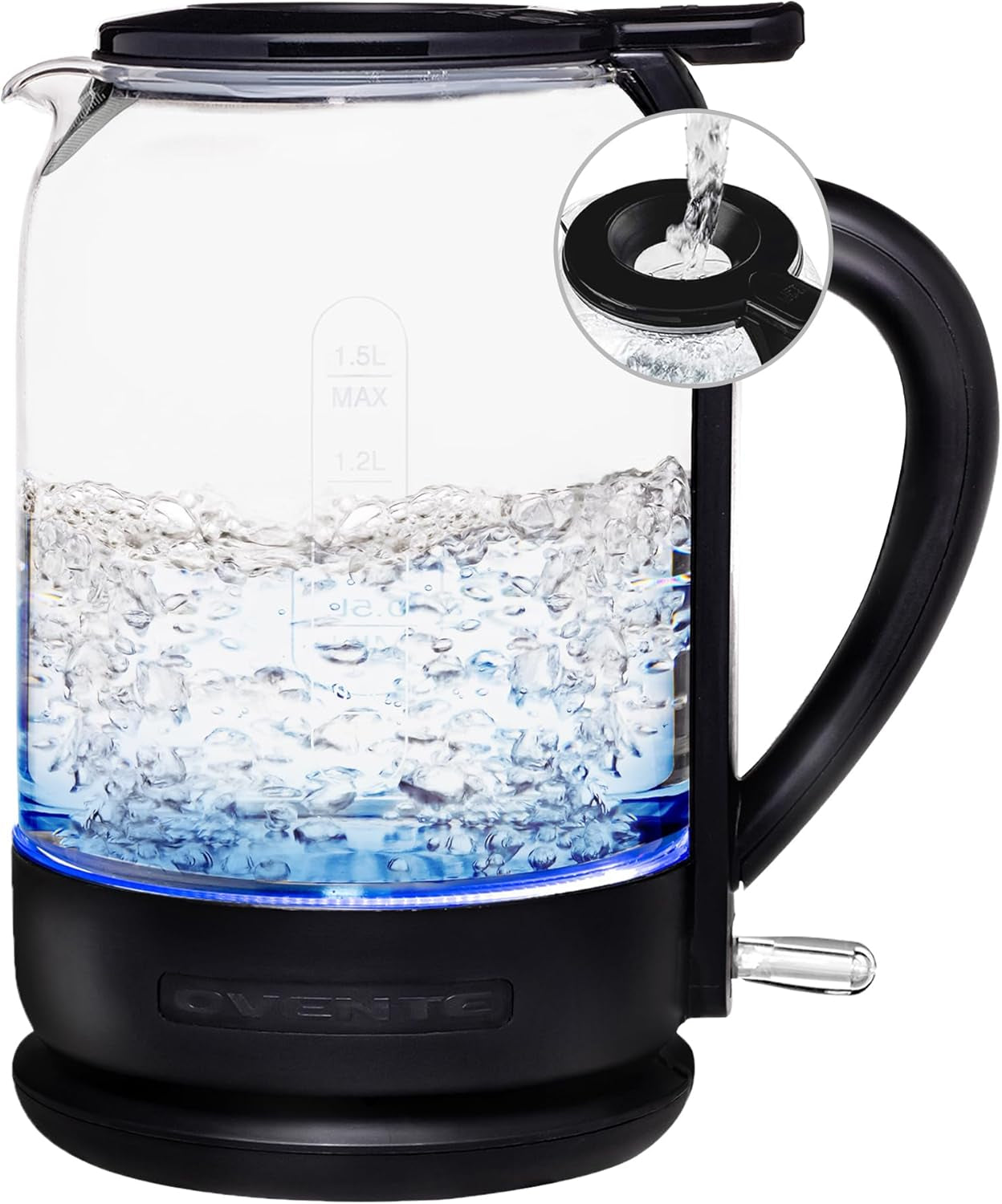 OVENTE 1.5L Borosilicate Glass Electric Kettle, 1500W Fast Boiling Water Heater with Auto Shut-Off, Boil-Dry Protection, and Stainless Steel Filter, White KG516W