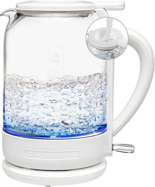 OVENTE 1.5L Borosilicate Glass Electric Kettle, 1500W Fast Boiling Water Heater with Auto Shut-Off, Boil-Dry Protection, and Stainless Steel Filter, White KG516W