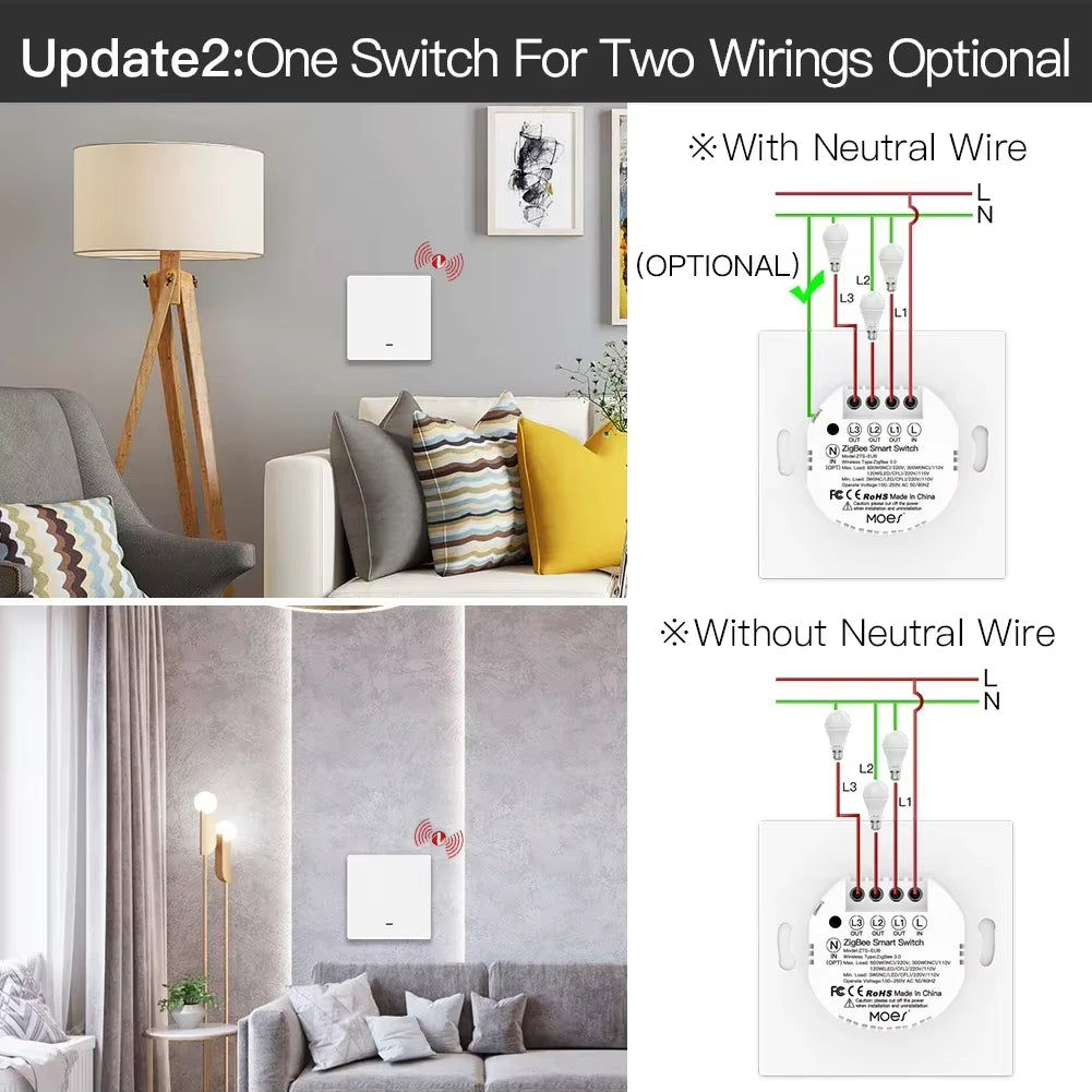 Tuya Zigbee Smart Light Switch No Neutral Wire No Capacitor Needed Smart Life 2/3 Way Works with Alexa Google Home 2Mqtt
