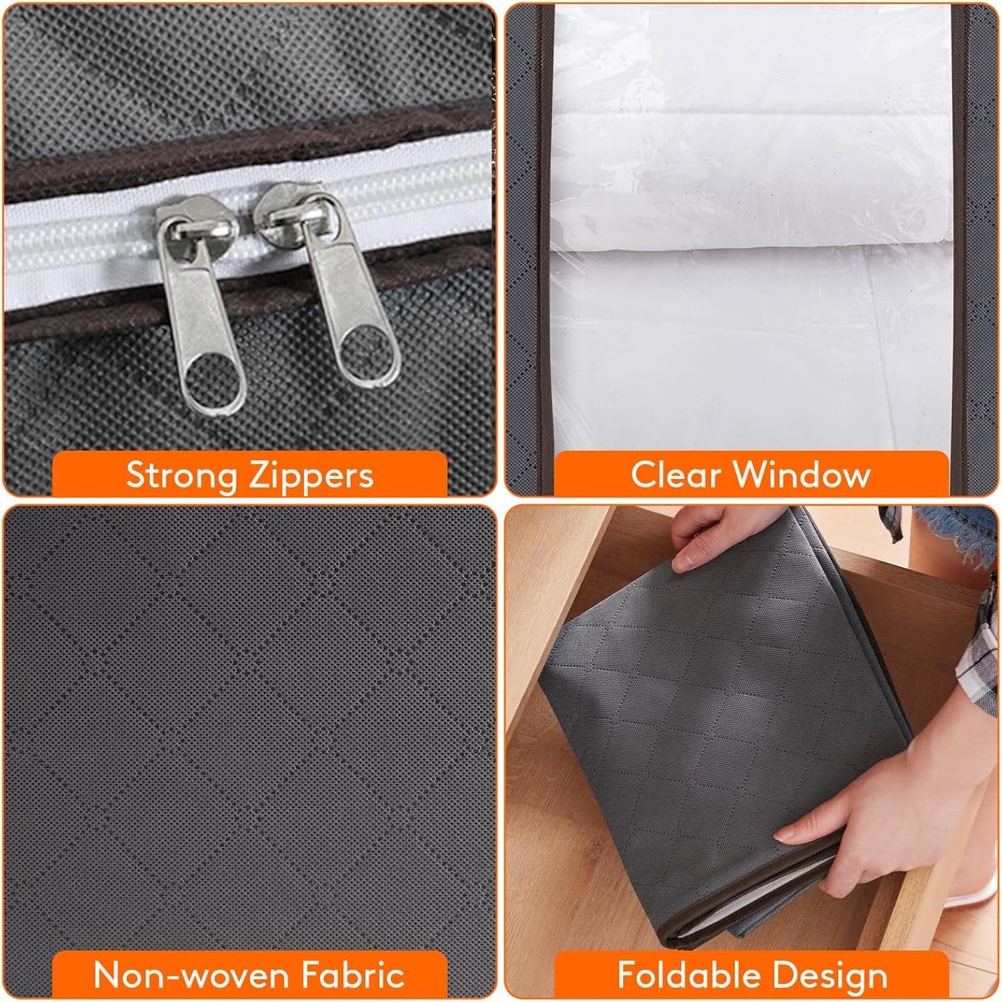 Lifewit Set of 3 Foldable Clothes Storage Bins with Lids, Zipper Closure, Clear Window, and Reinforced Handles for Organized Closet Storage of Clothing, Sweaters, Comforters, and Bedding in Gray