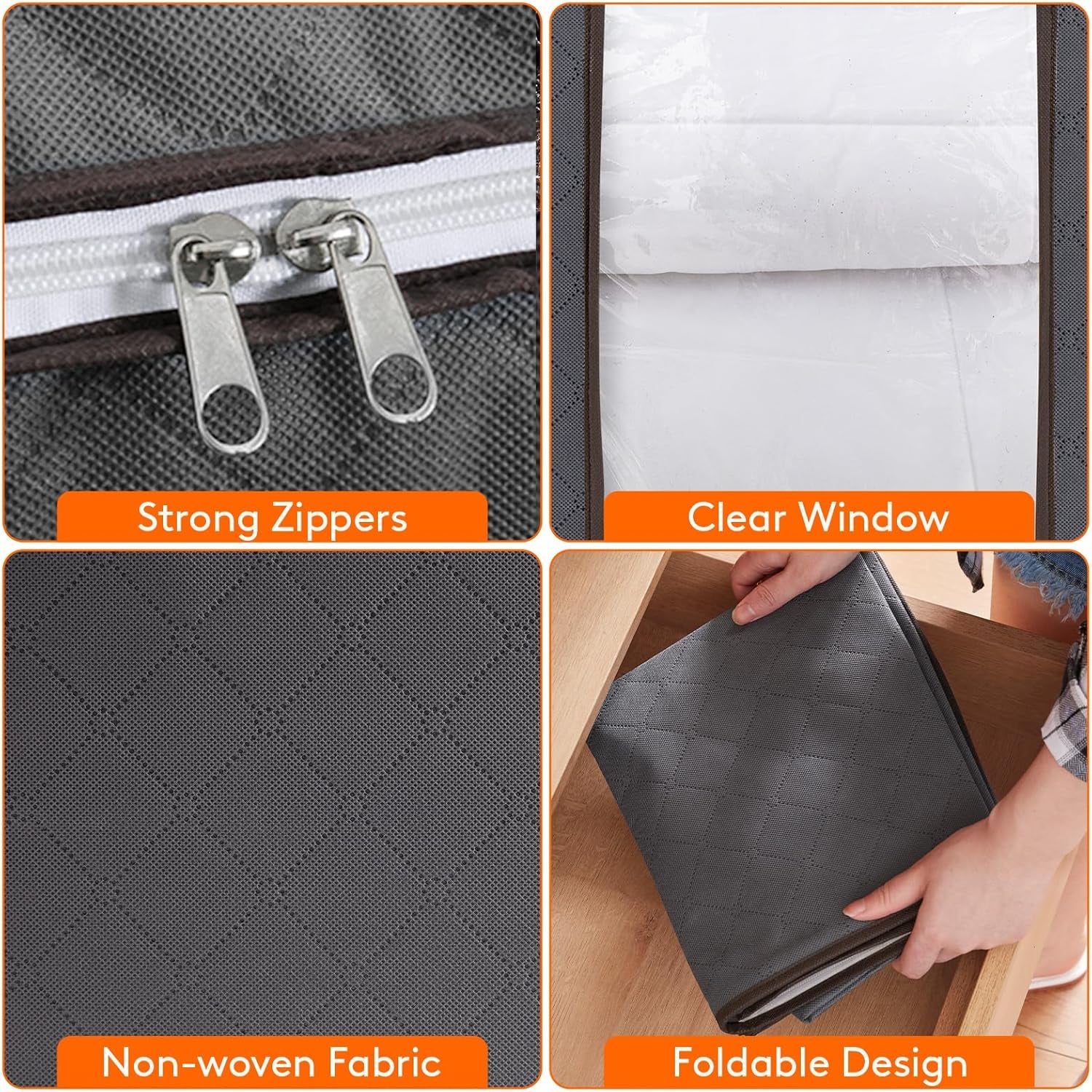 Lifewit Set of 3 Foldable Clothes Storage Bins with Lids, Zipper Closure, Clear Window, and Reinforced Handles for Organized Closet Storage of Clothing, Sweaters, Comforters, and Bedding in Gray