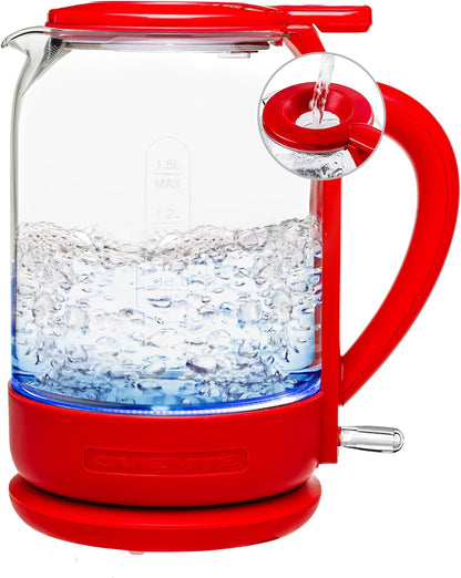 OVENTE 1.5L Borosilicate Glass Electric Kettle, 1500W Fast Boiling Water Heater with Auto Shut-Off, Boil-Dry Protection, and Stainless Steel Filter, White KG516W