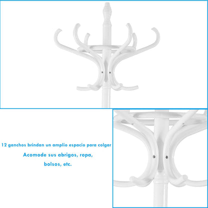 Perchero De Pie De Madera 184Cm Perchero Árbol Con Soporte 12 Perchas Para Colgar Ropa Sombrero Para Habitación Entrada Blanco
