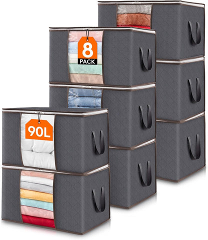 Lifewit Set of 3 Foldable Clothes Storage Bins with Lids, Zipper Closure, Clear Window, and Reinforced Handles for Organized Closet Storage of Clothing, Sweaters, Comforters, and Bedding in Gray