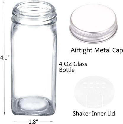 SWOMMOLY Spice Rack Organizer with 24 Empty Glass Spice Jars, 396 Spice Labels with Chalk Marker and Funnel Complete Set, for Countertop, Cabinet or Wall Mount, Silver