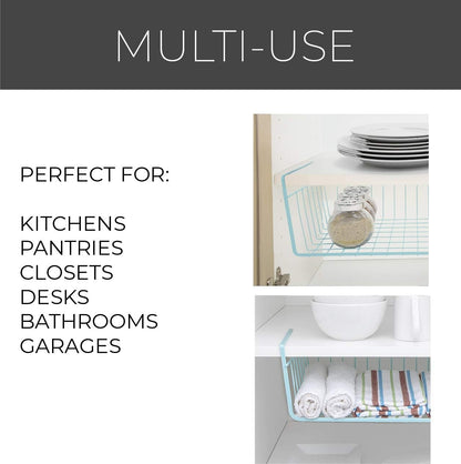 Smart Design Undershelf Storage Basket - Medium - Snug Fit Arms - Steel Metal Frame - Rust Resistant - Cabinet, Pantry, and Shelf Organization - 16 X 5.5 Inch - Light Blue