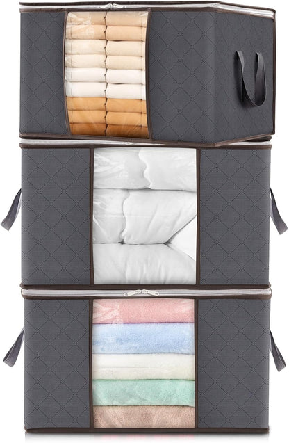 Lifewit Set of 3 Foldable Clothes Storage Bins with Lids, Zipper Closure, Clear Window, and Reinforced Handles for Organized Closet Storage of Clothing, Sweaters, Comforters, and Bedding in Gray